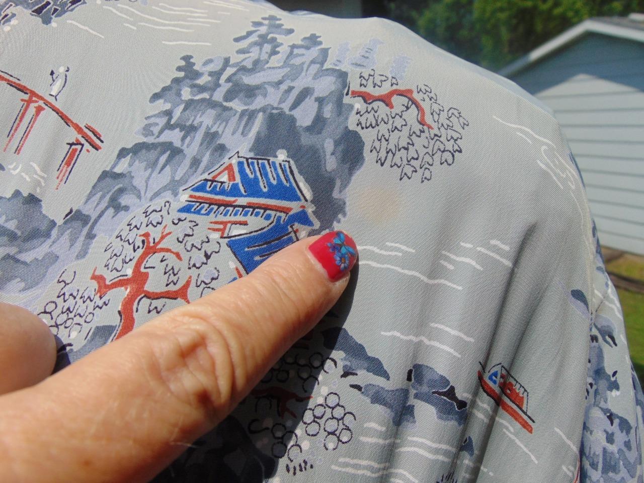 VTG 40s Malihini Hawaii Gray & Blue Rayon Pake Muu 28W