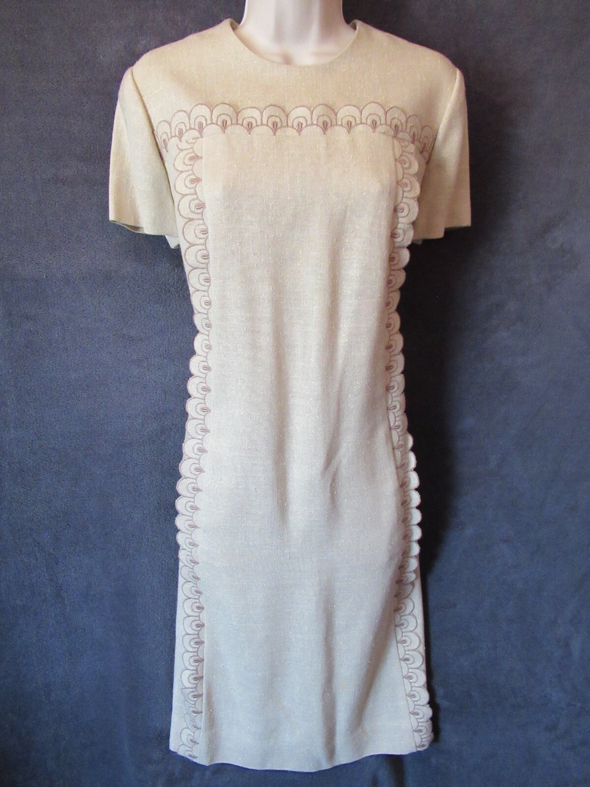 NOS 60’s Vintage Lampl Beige Taupe Rayon Silk Linen Look Scalloped Shift Dress L