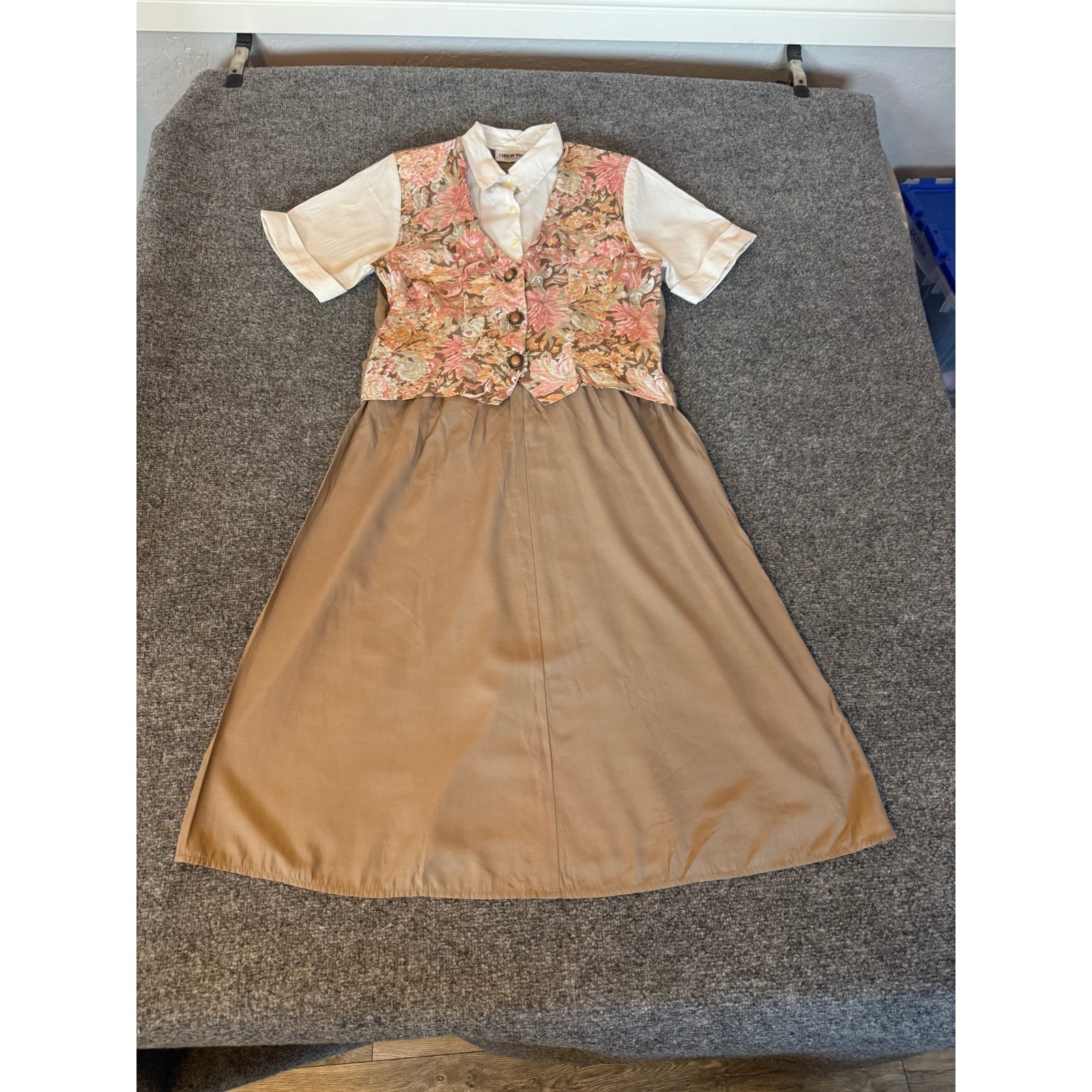 VTG Carole Little Floral Vest Layered Midi Dress Tan Pink 90s Cottagecore SZ 10