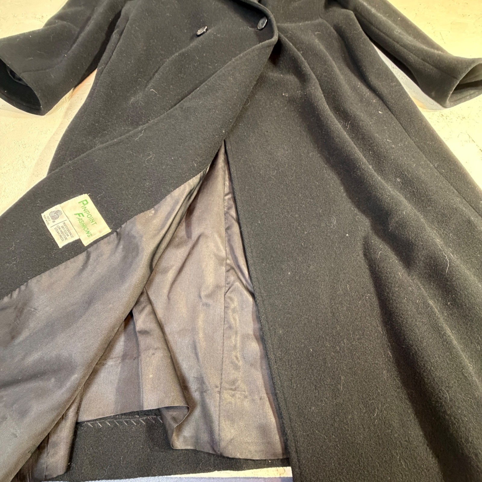Vintage Wool Coat – M Black ILGWU Double Breasted Long Trench READ