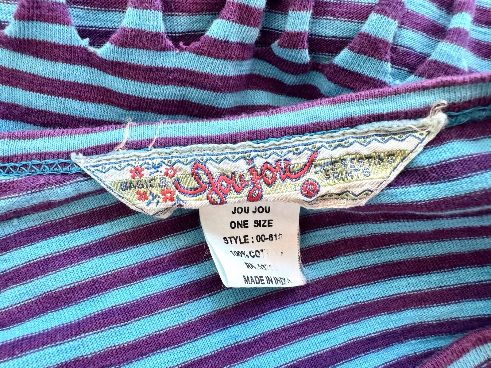 Vintage Jou Jou 80s Striped Crop Fringe Shirt Tee T One Size Blue Purple VTG
