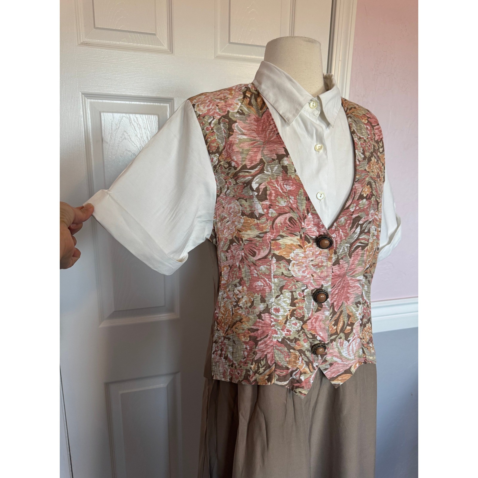 VTG Carole Little Floral Vest Layered Midi Dress Tan Pink 90s Cottagecore SZ 10