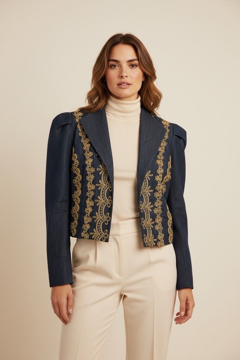 VTG Lorch of Dallas Blazer Navy Gold Floral Embroidery S 8 Padded Shoulder USA