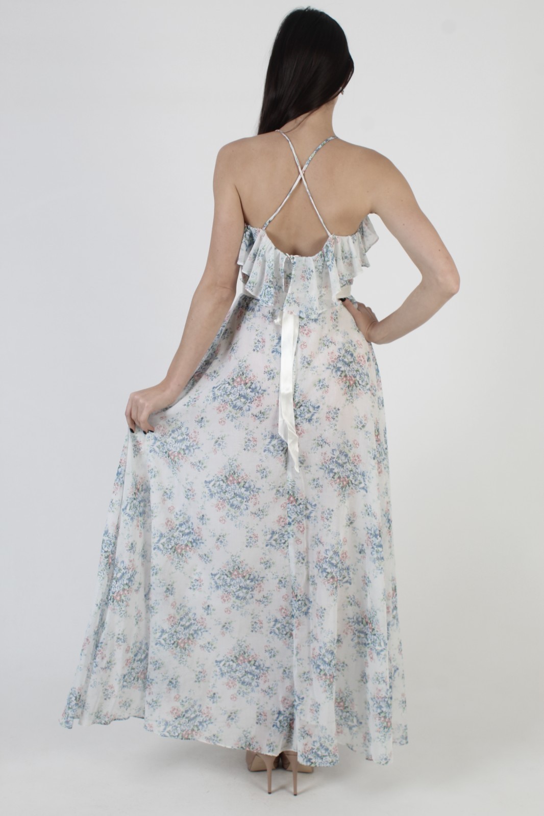 Vtg Off White Prairie Sundress Open Back Spaghetti Strap Cottage Boho Maxi Dress