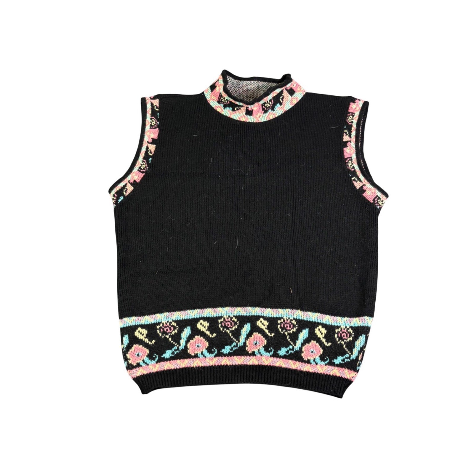 Vintage Fortune Knits Floral Sweater Vest Black Pastel Mock Neck Made in USA L