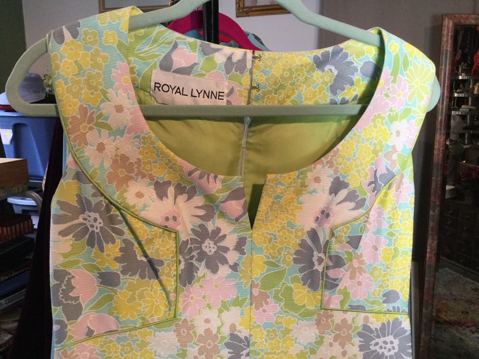 Vintage 1960’s Royal Lynne dress size 14 Floral Pink Green Blue Grey Sleeveless