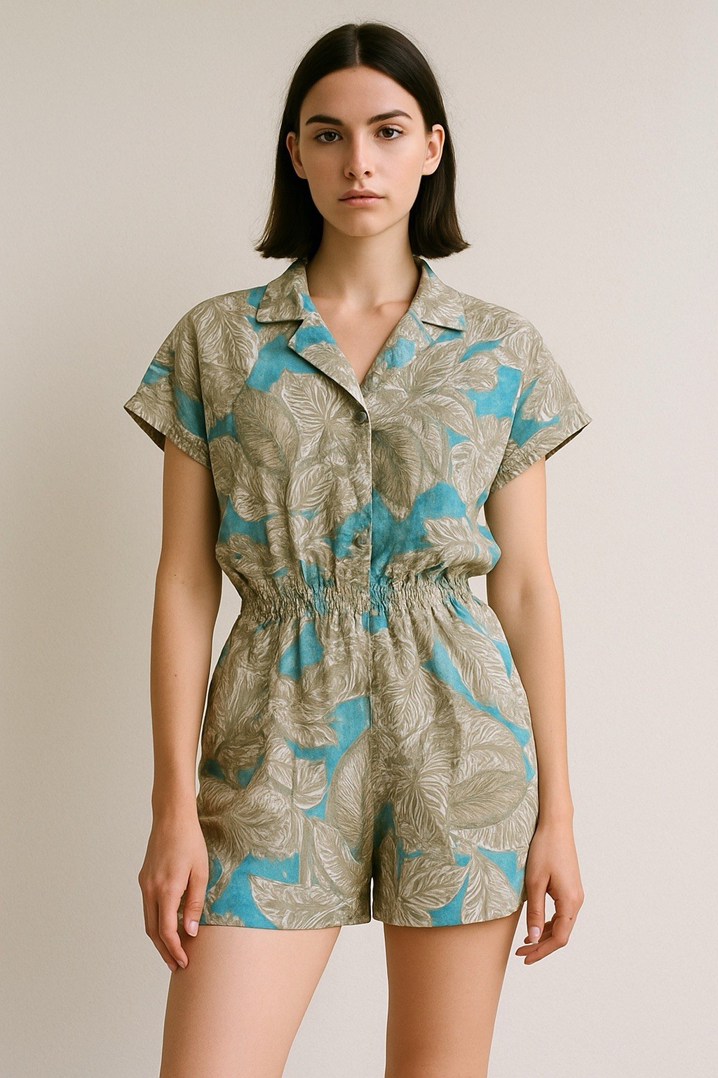 VTG French Navy 80s Floral Romper Elastic Waist Tropical Cottagecore Resort S/M