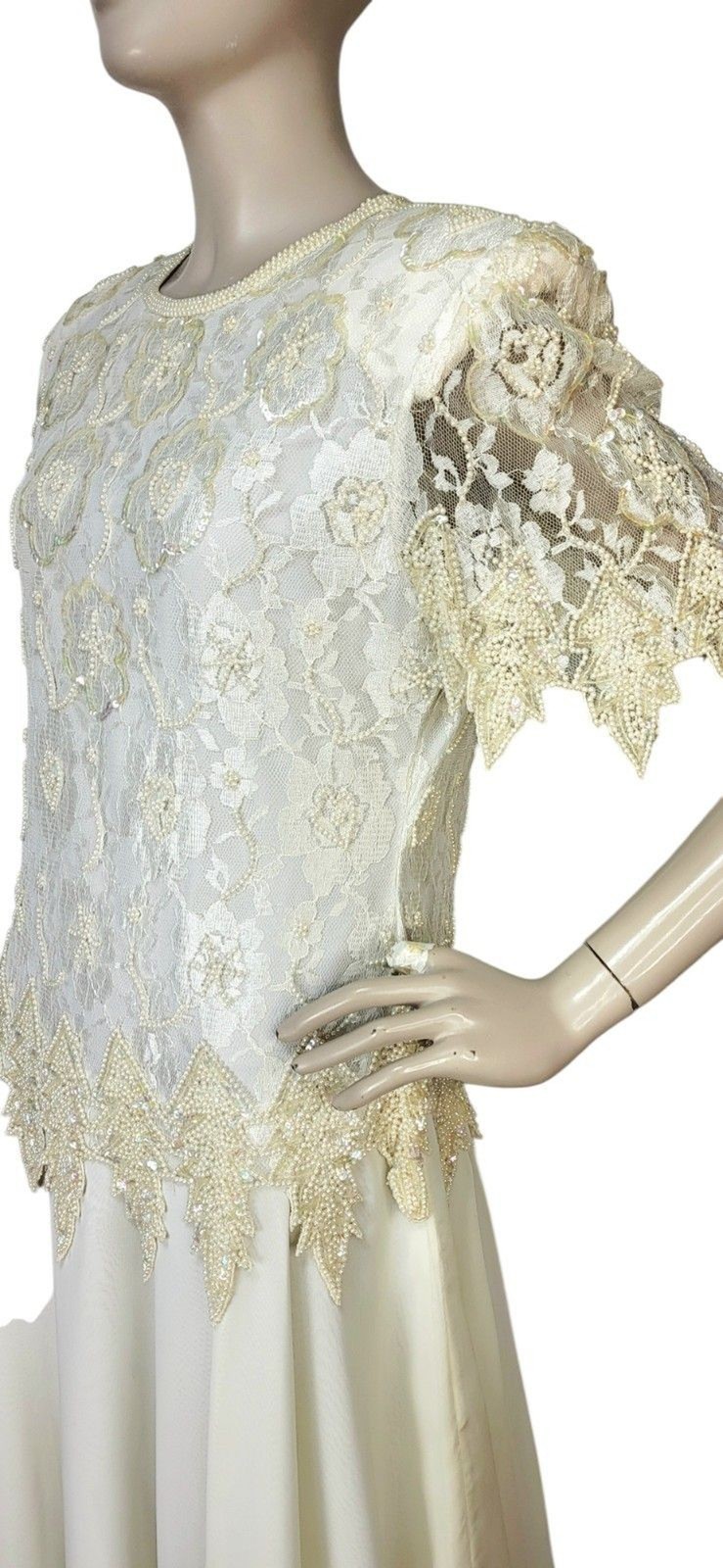 Vintage Laurance Kazar Creme Pearl Beaded Sequined Tiered Chiffon Formal Dress