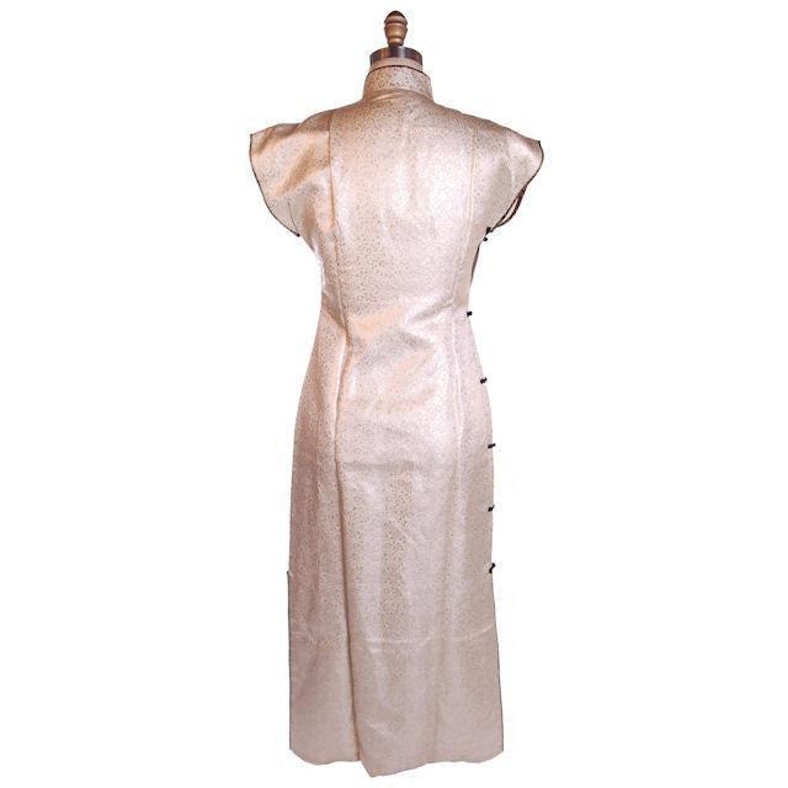 Vtg 50s Rayon Cheongsam Qipao Wiggle Dress Gold Black Silver Brocade Fits S 2–4