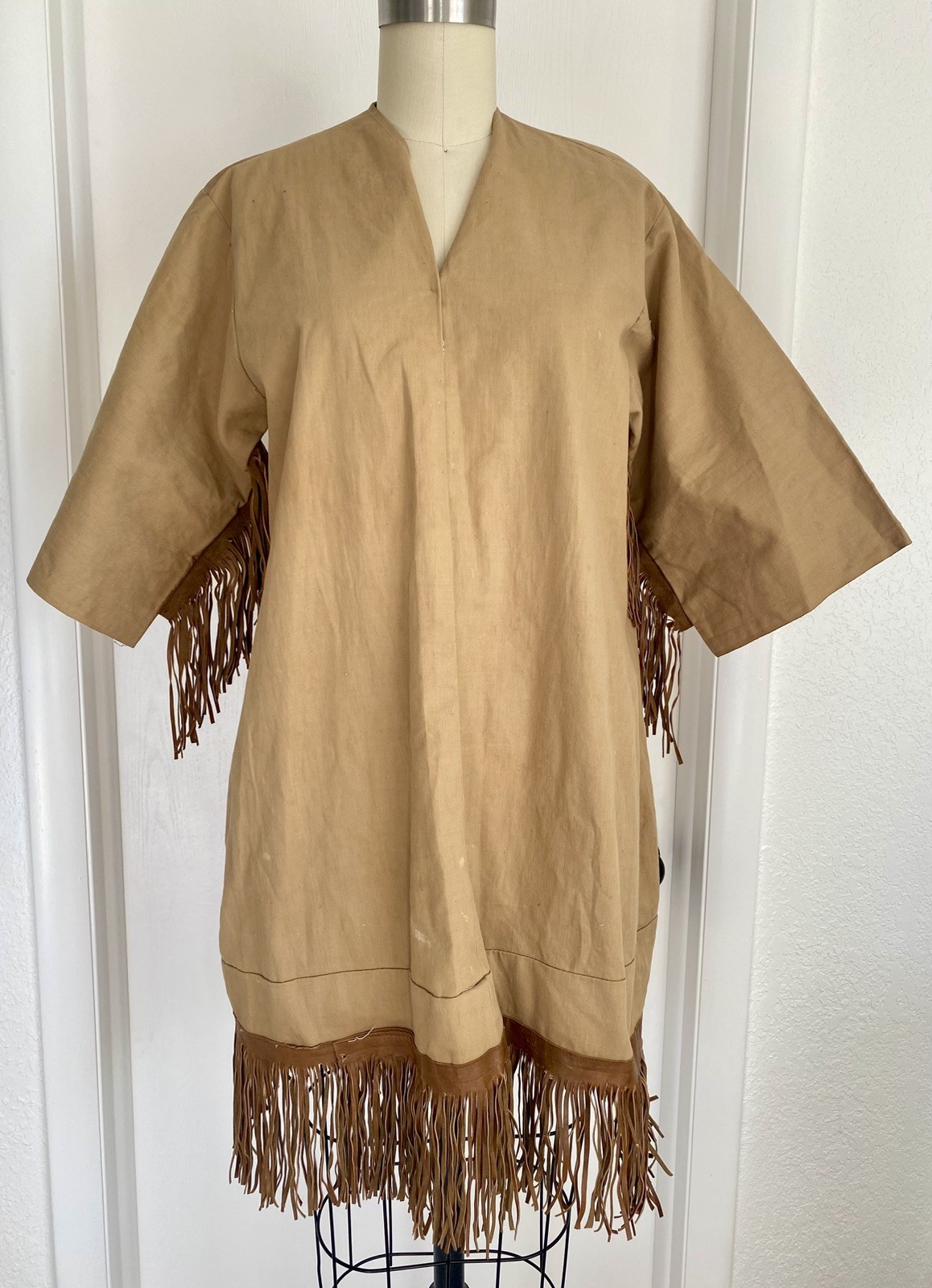 Vtg Western Fringe Tunic Dress With Leather Fringe Hippie Boho 70s – M