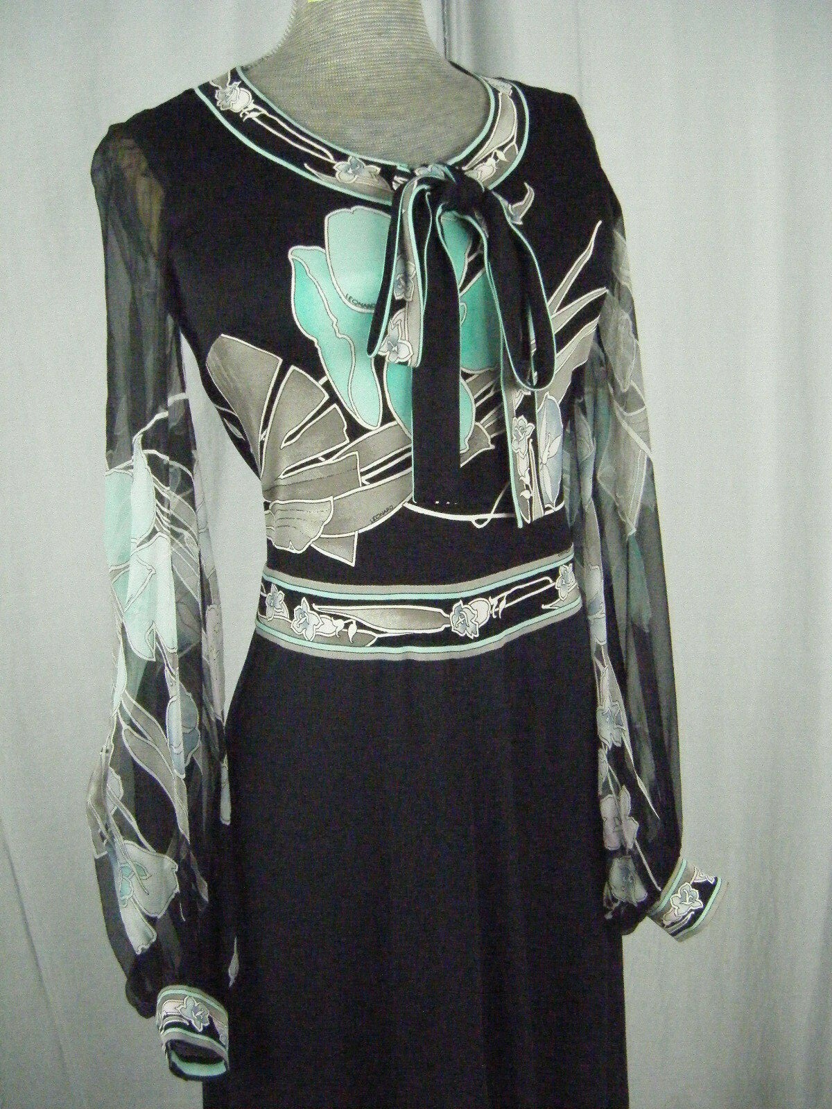 LEONARD PARIS Vtg 60s Green Black Silk Knit Chiffon Sleeve Dress-Bust 30-36/XS-S