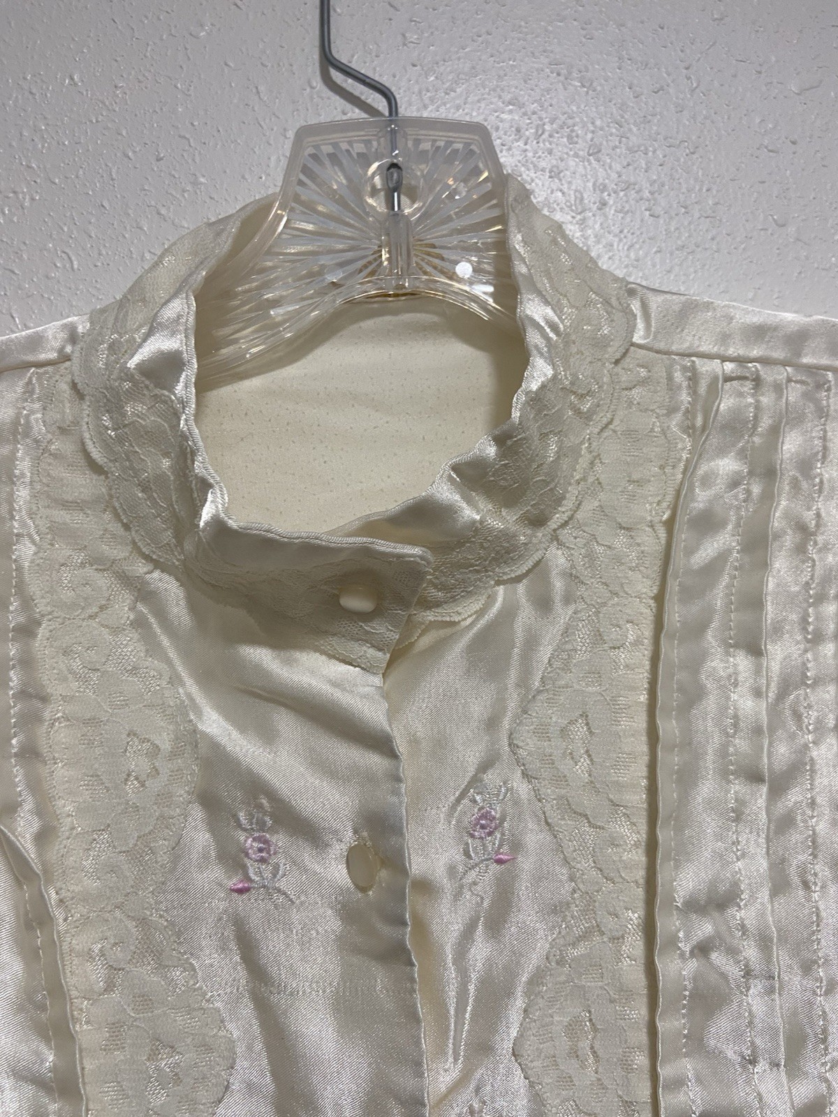 VTG Barbizon M Nightgown Ivory Long Silky Satin Lace Flannel Lined Embroidered