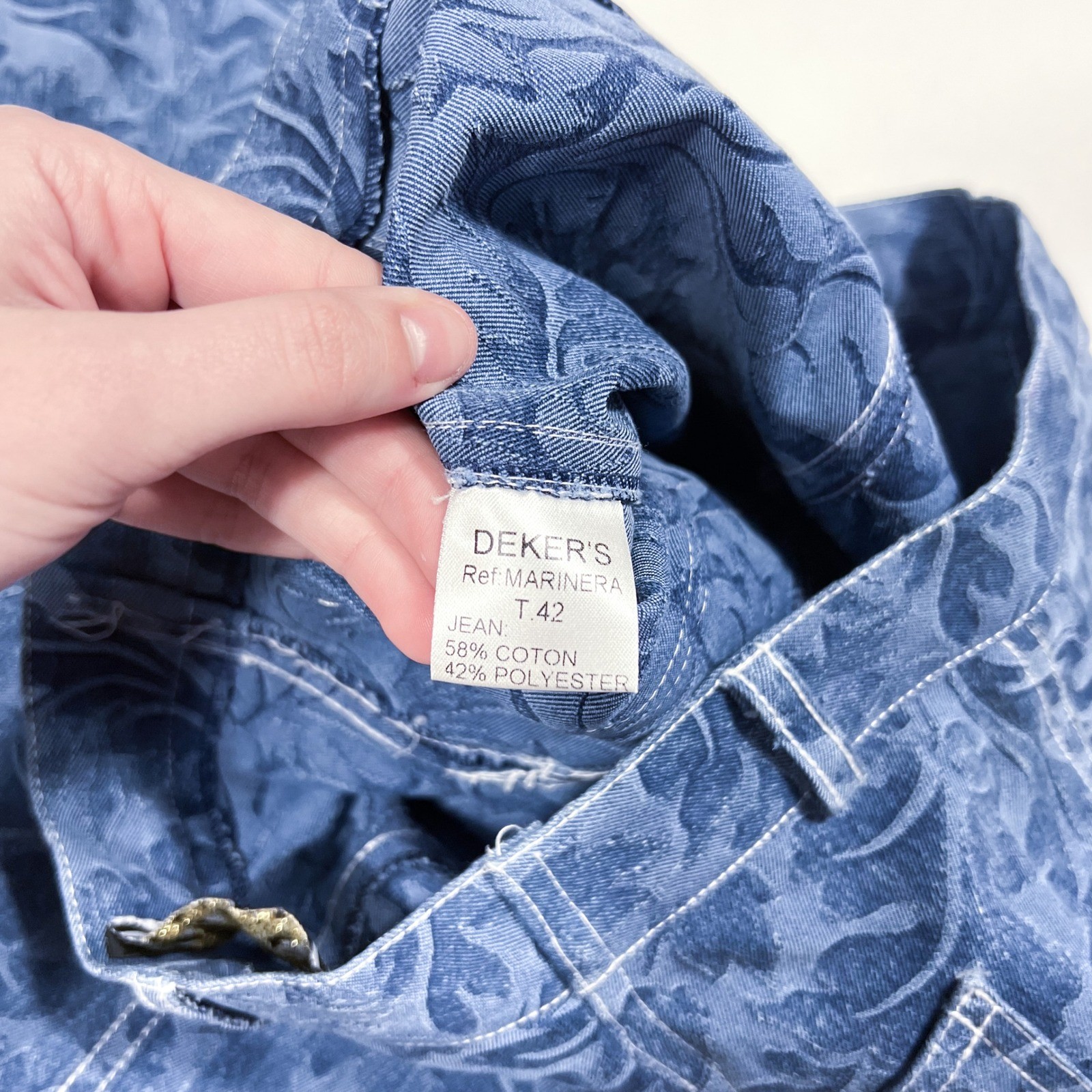 Vintage Dekers Paris Flared Brocade Pants Blue Floral Lace Button Hem