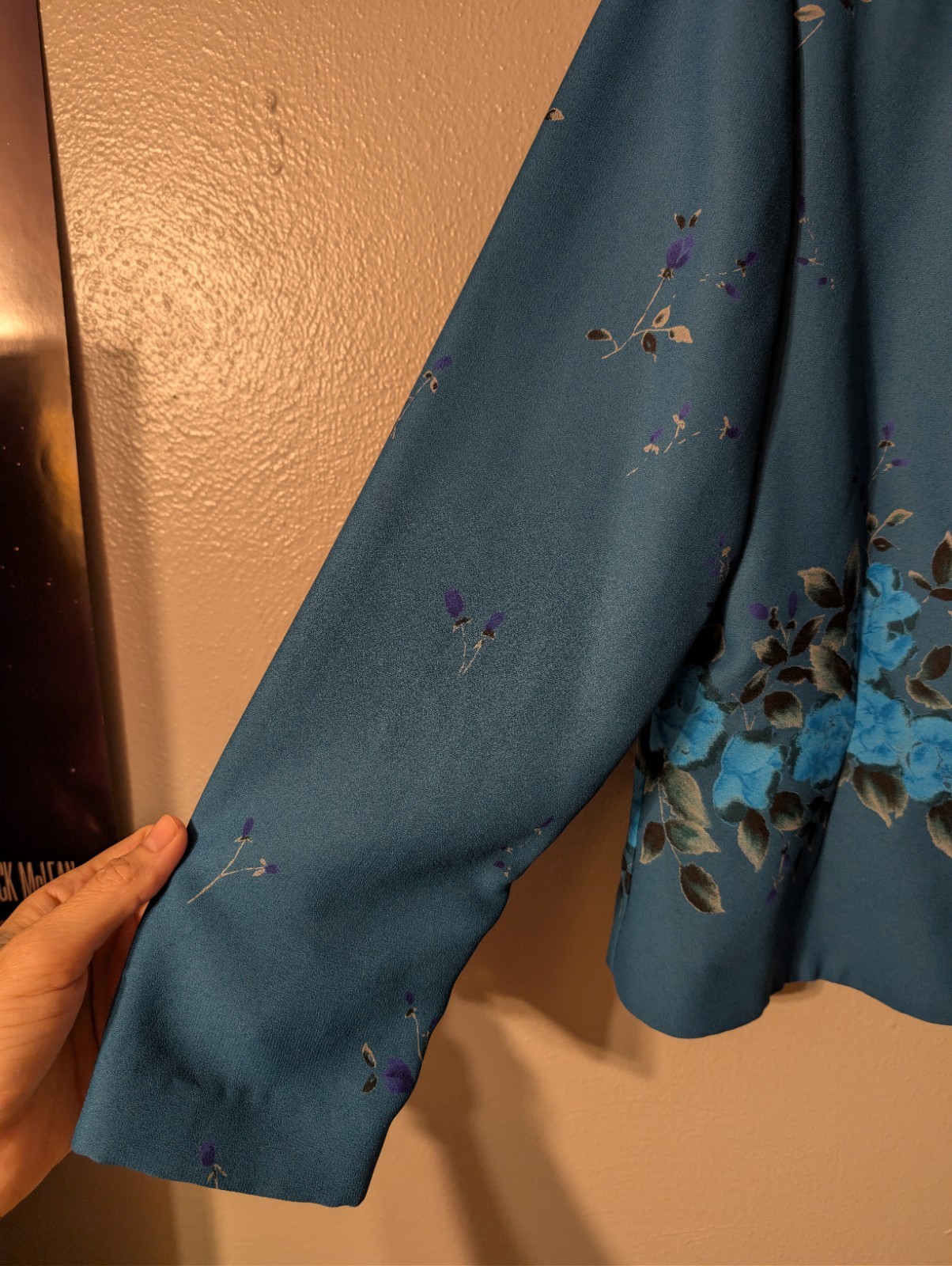 Leslie Fay Vintage 90s Blue Floral Blouse Blazer Jacket Shoulder Pads Petite 14P