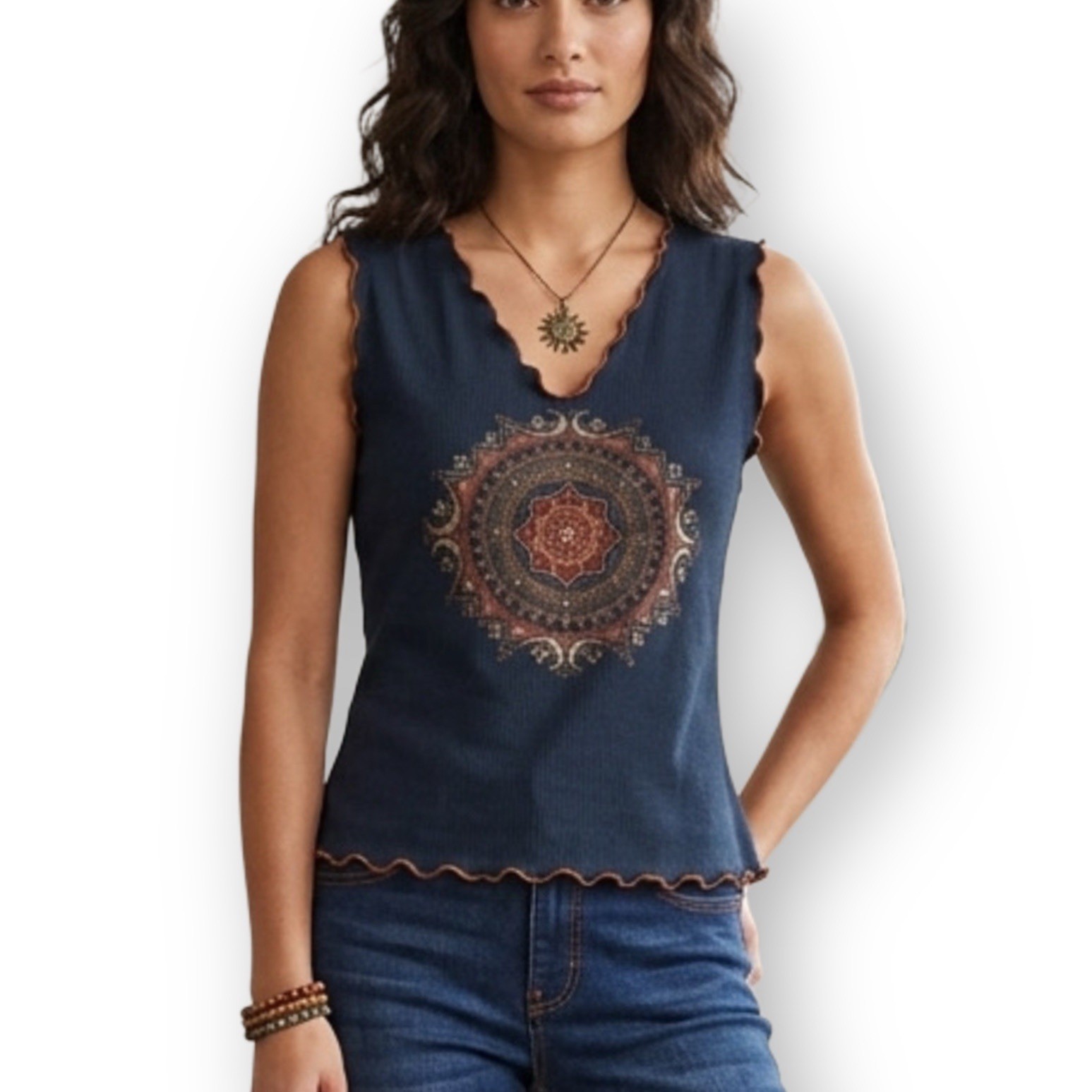 Fashion Bug XL Vintage Boho Mandala Sleeveless Lettuce Edge Hem Denim Blue Shirt