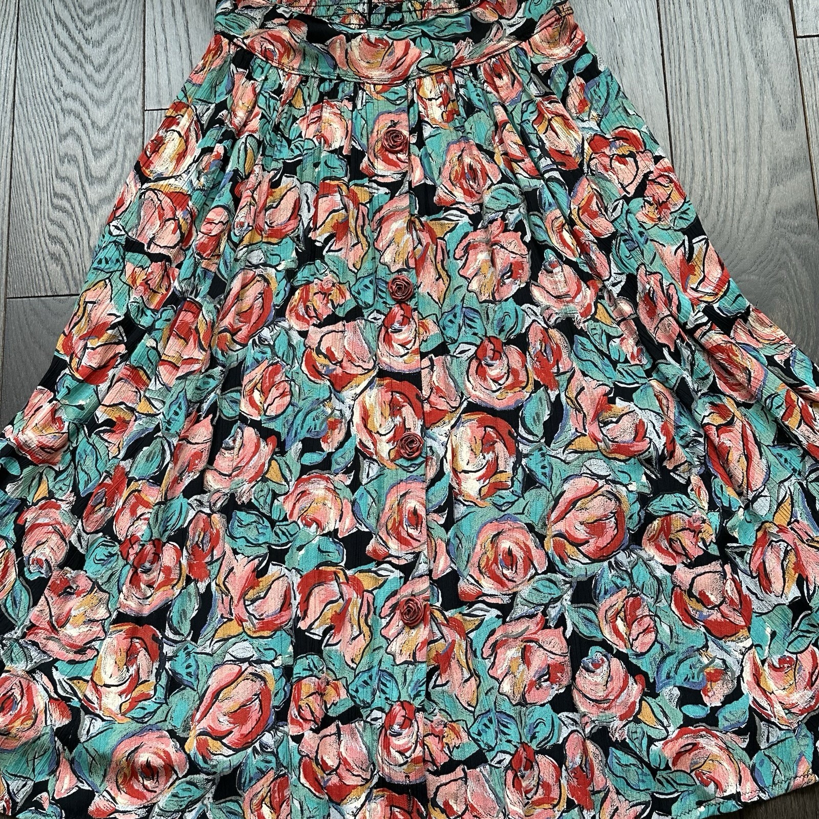 Carole Little Vintage 90s Rose Button Front Midi Skirt Abstract Rose Floral 6