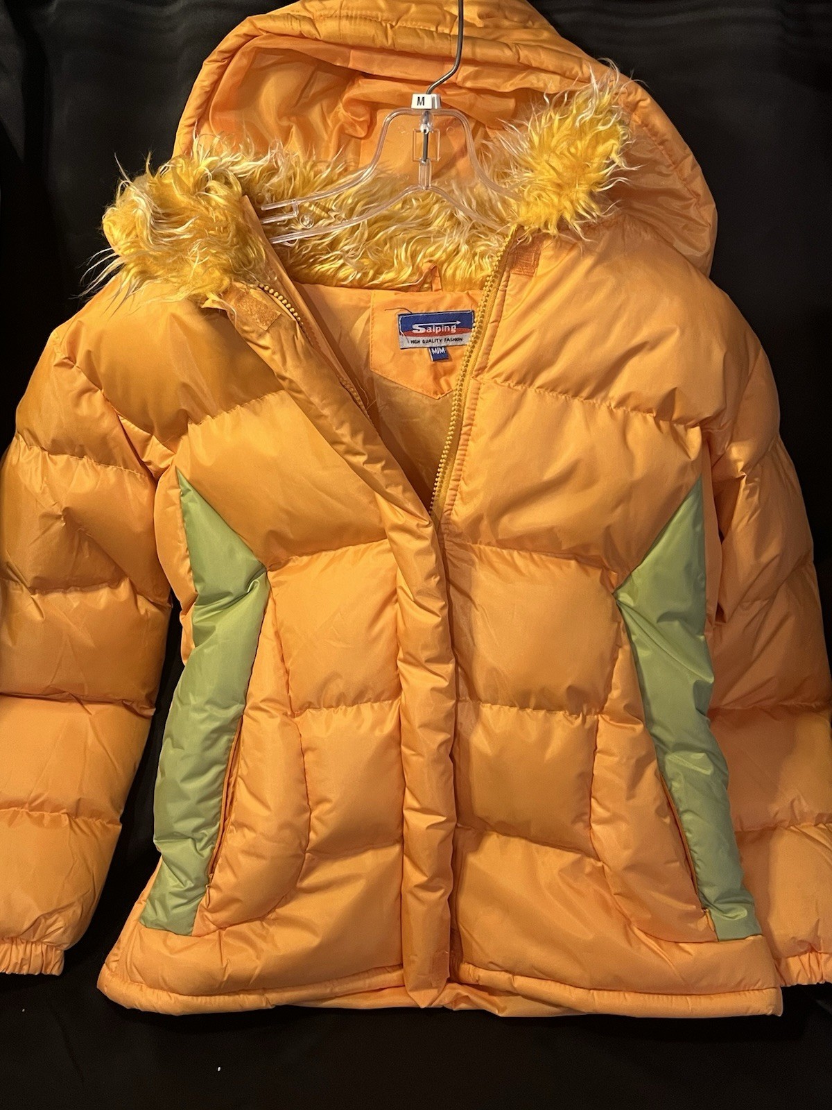 1980s / 90s Y2K Womens VTG Puffer Coat Short Jacket Yellow Blue Faux Fur Medium