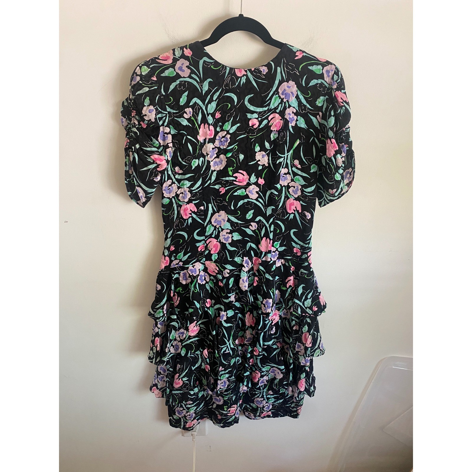 Maggy London Jeannene Booher Vintage Silk Floral Tiered Drop Waist Dress Black 8