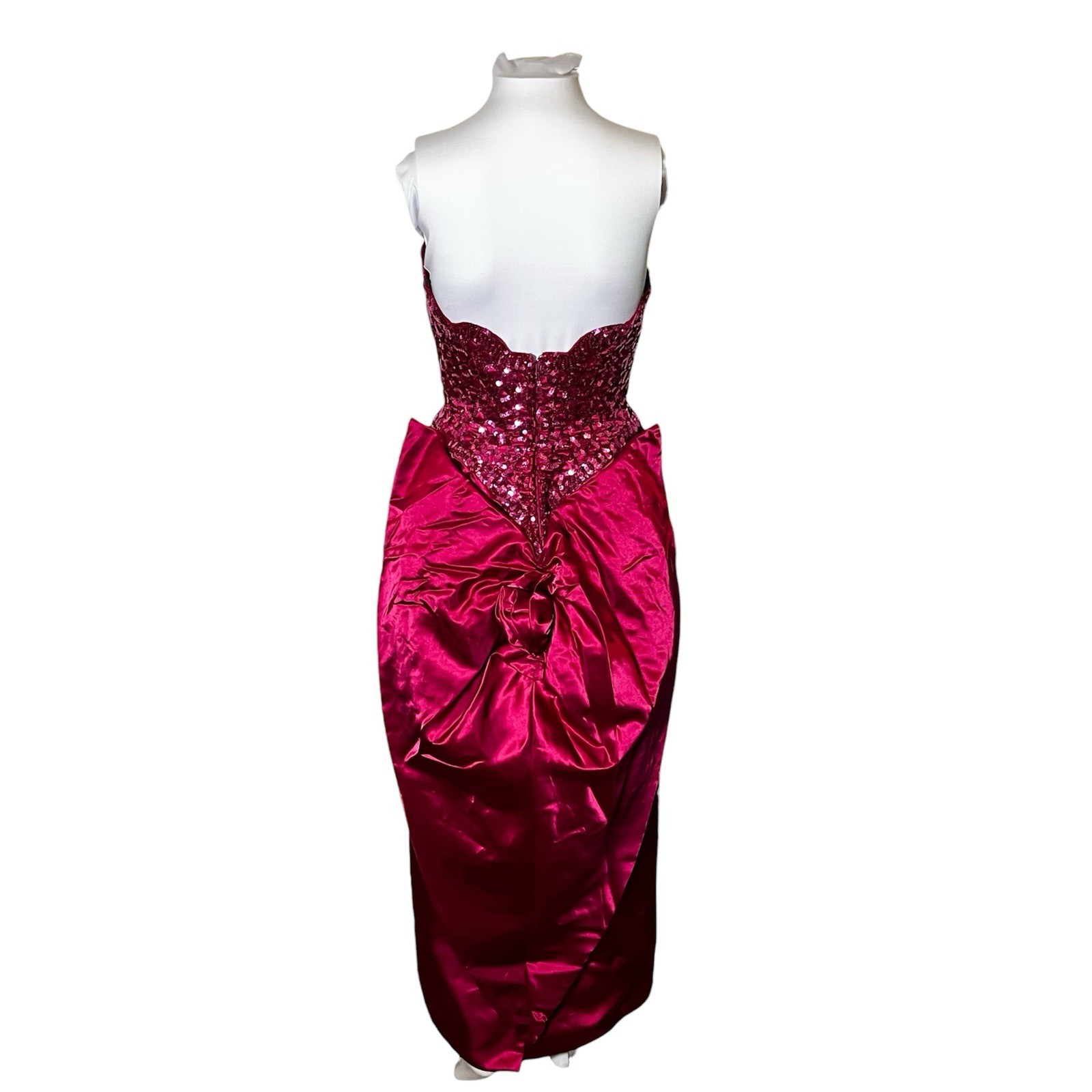 Vintage Mike Benet Satin 60s 70s Hot Pink Prom Formal Dress Sequin Scalloped