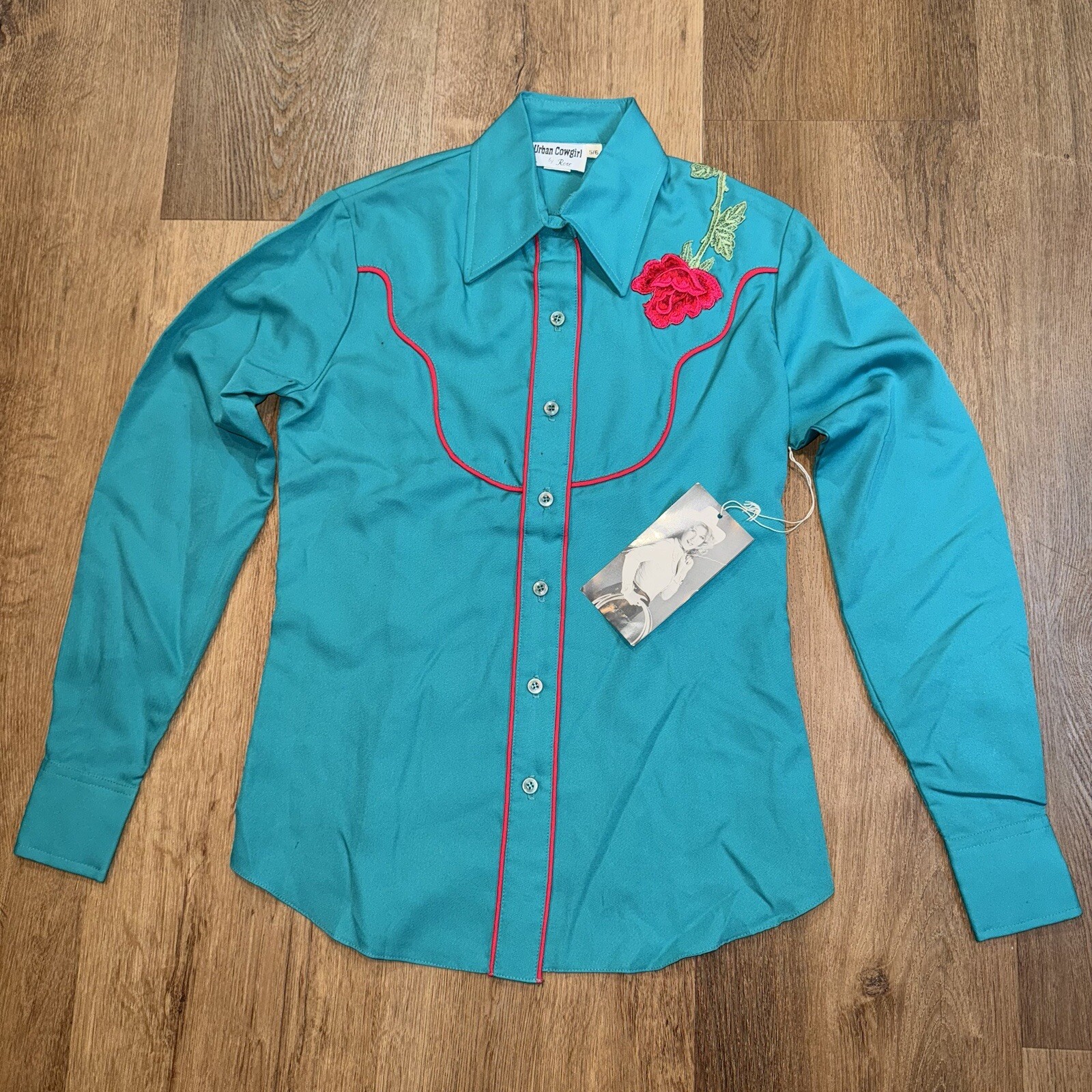Vtg 70s Urban Cowgirl Western Shirt Womens Deadstock Rose Rockabilly NOS 5 6