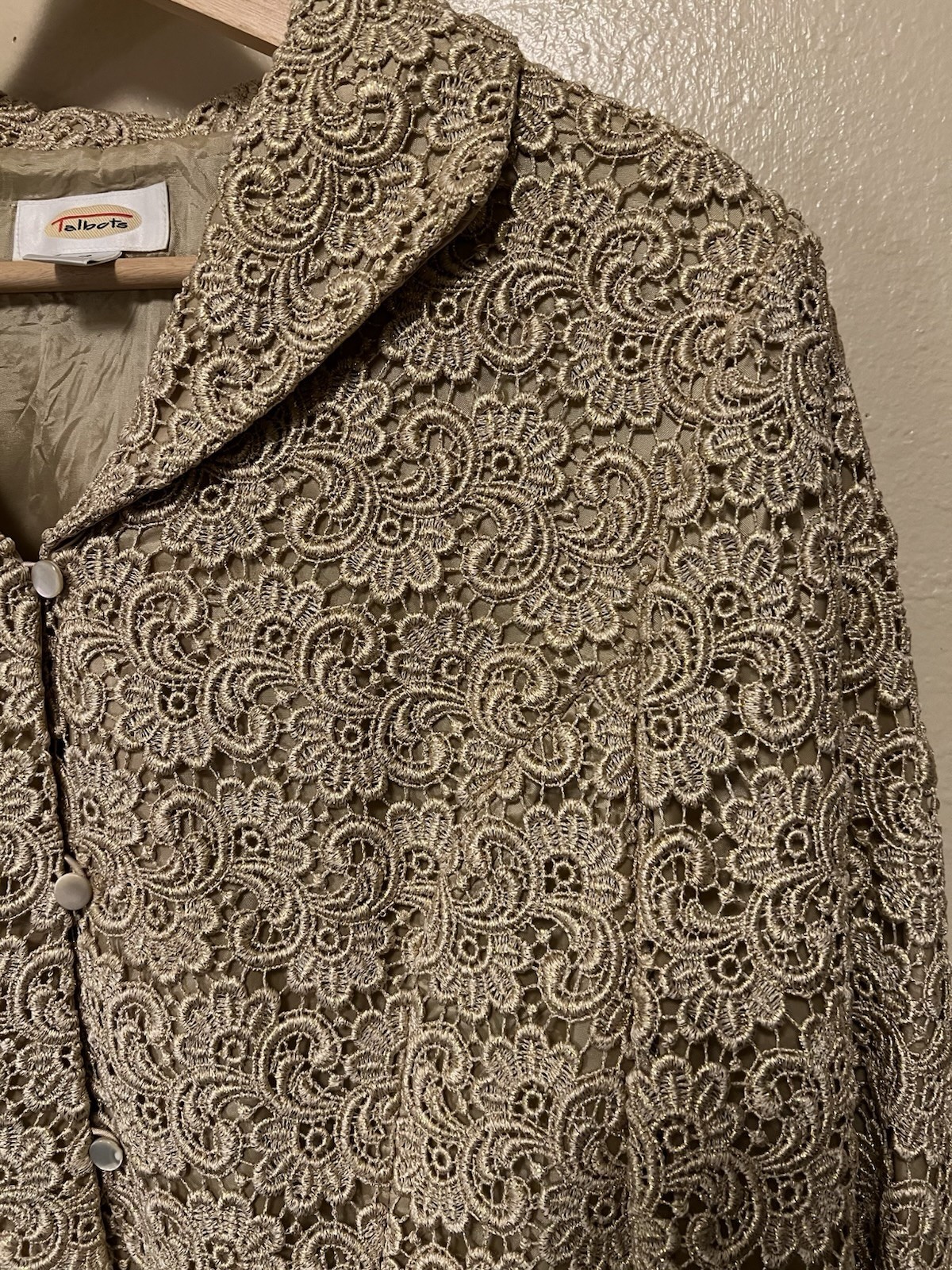 Vintage Talbots Gold Sparkle Lace 3/4 Sleeve Guipure Jacket Lined Women’s Sz 12