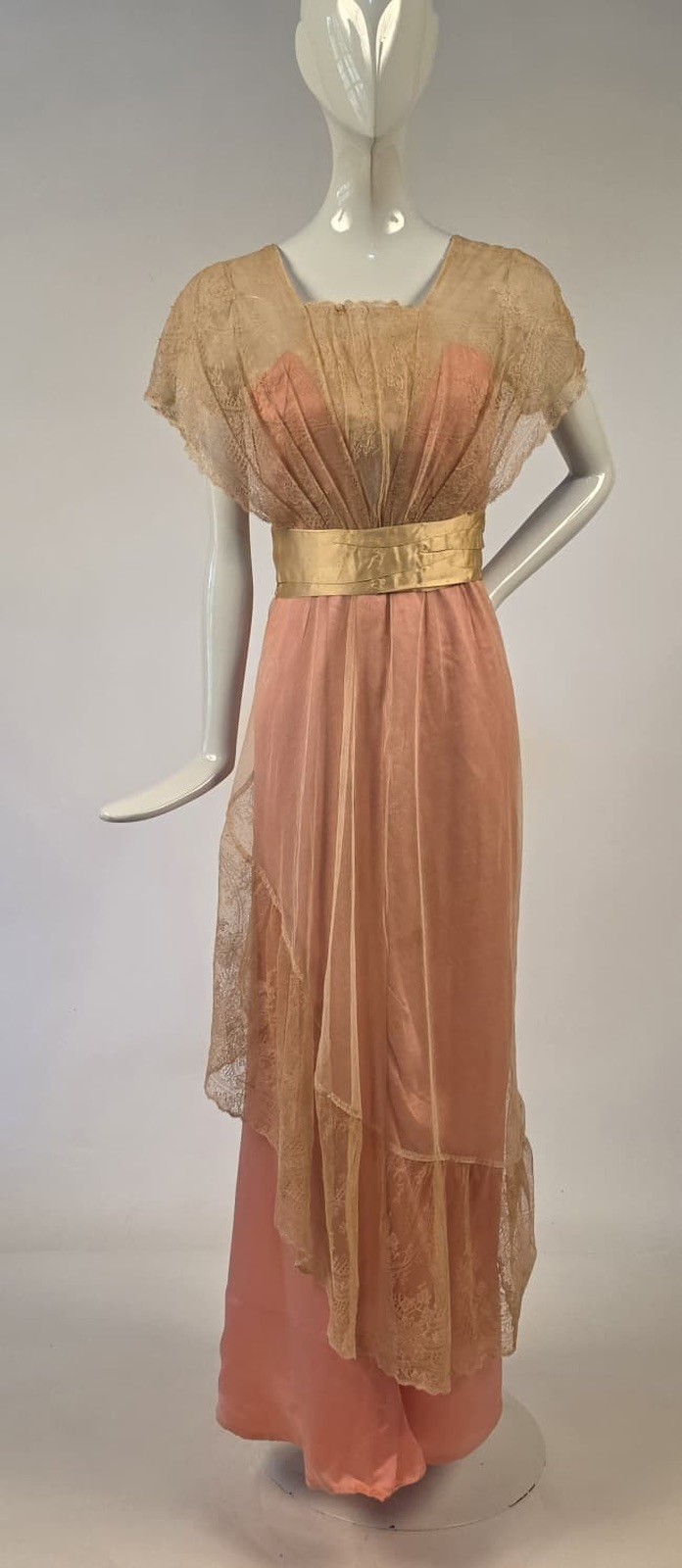 EDWARDIAN HOT PINK SILK SATIN LONG DRESS W BLONDE LACE + NET W GOLDEN SILK SASH