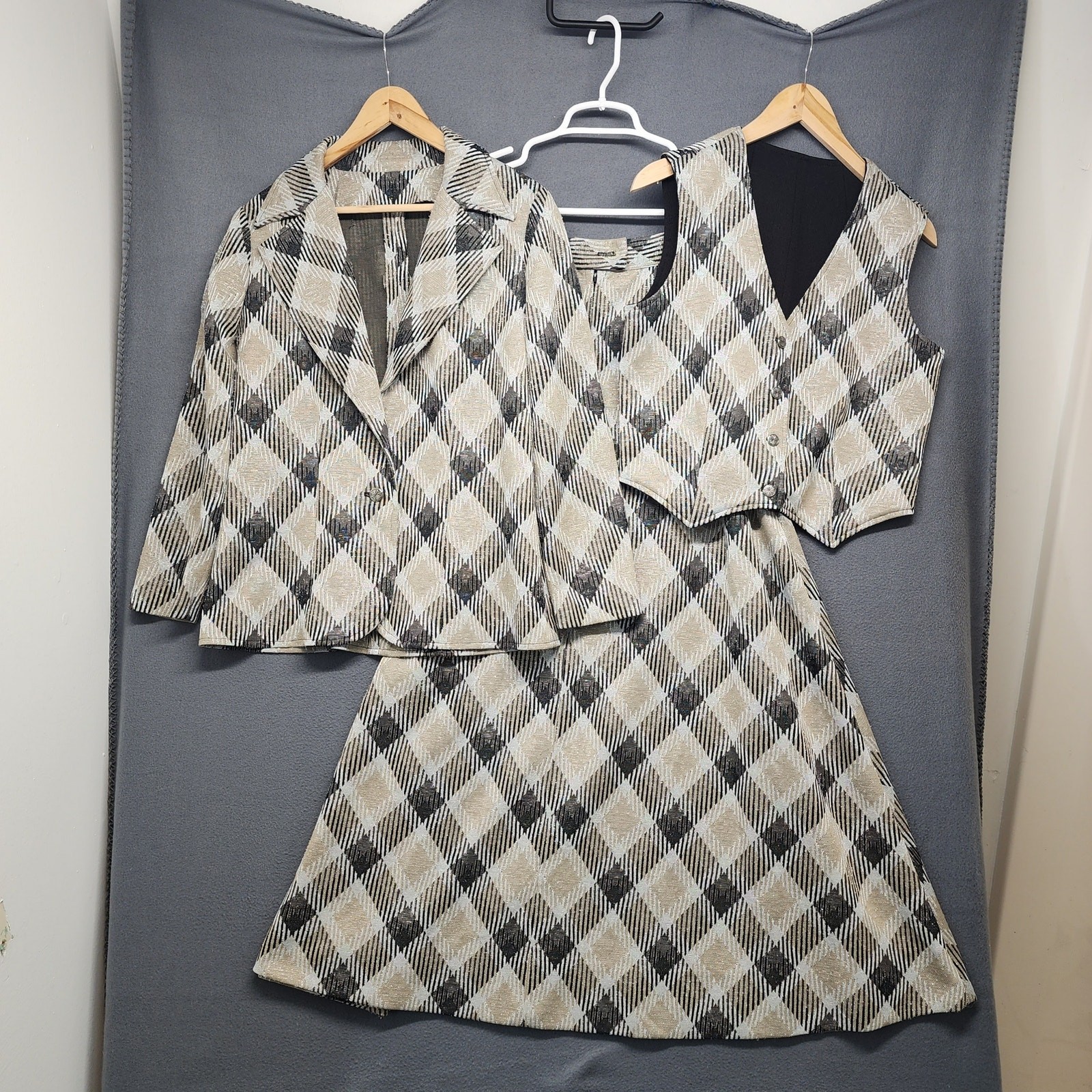 Vintage Handmade 3 Piece Set Jacket Vest Skirt Womens S/M Plaid Metallic 60s 70s