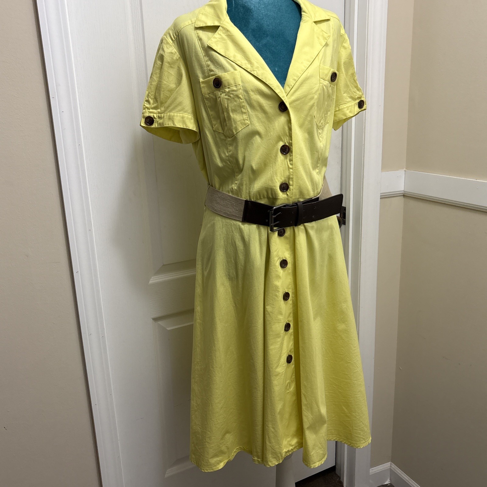 Vintage R & K Originals Belted Yellow Summer Shirt dress Y2K 80s 90s Cotton