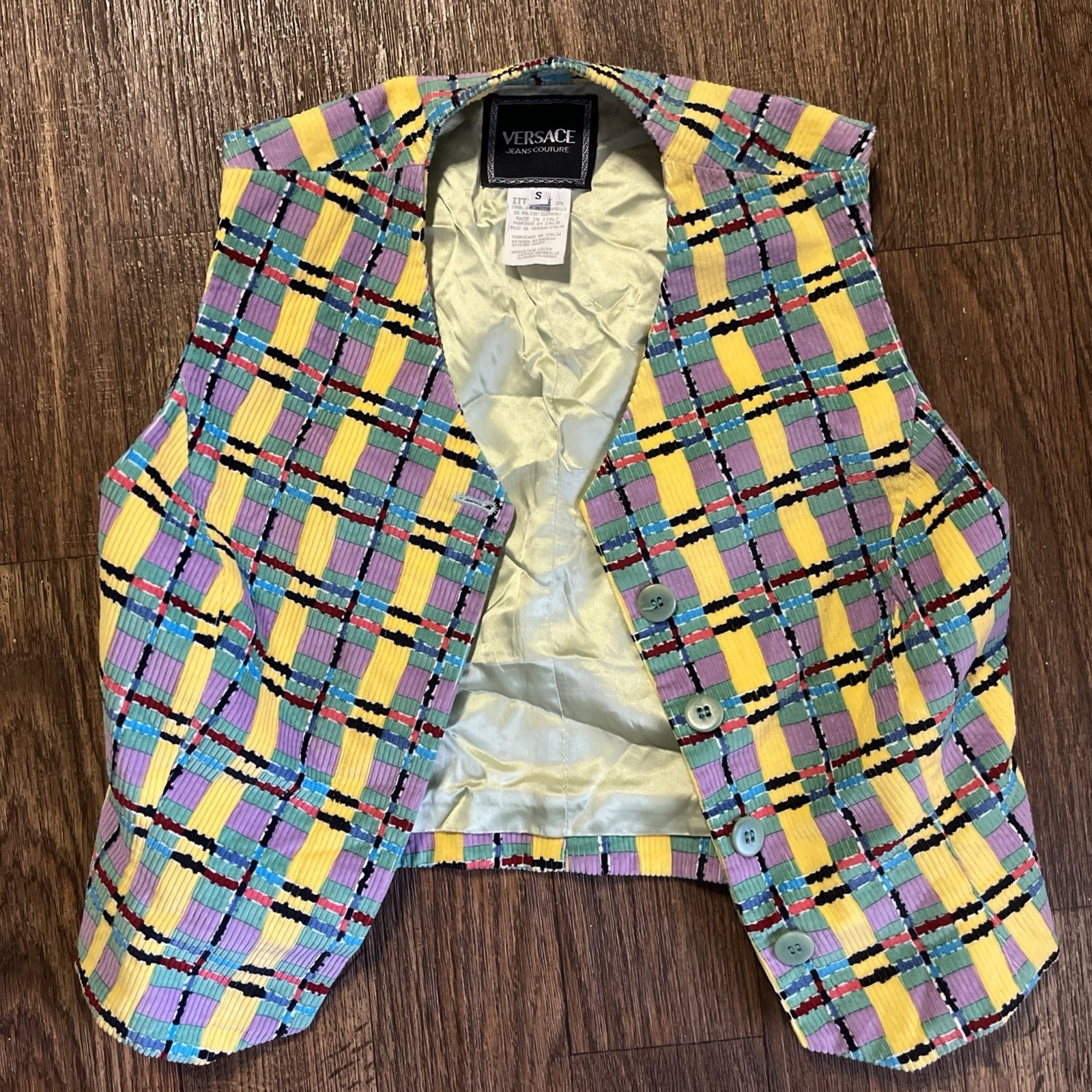 Versace Jeans Couture Vest Women’s Small Vintage Pastel Plaid Corduroy VJC