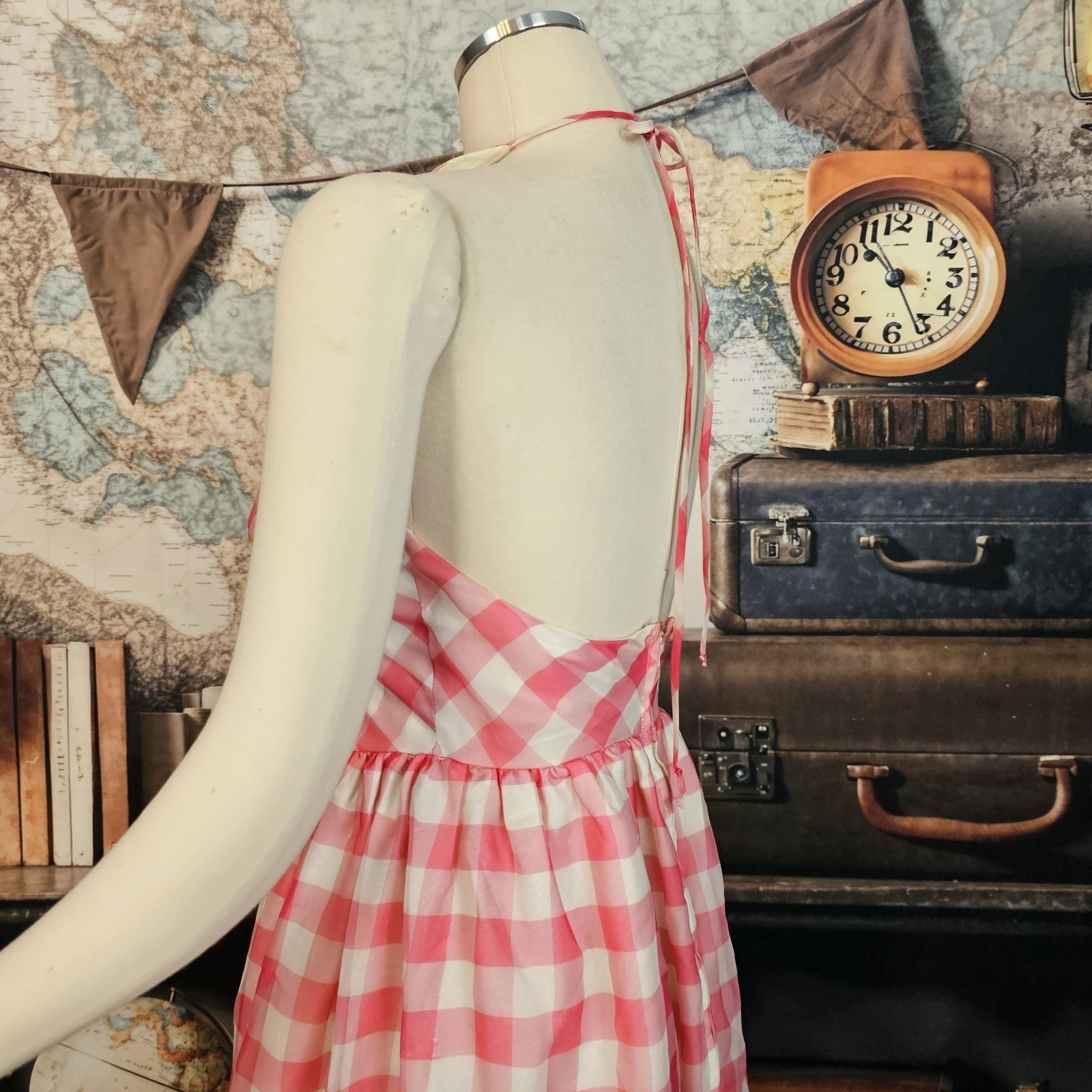 Vintage 1970s Maxi Dress Sundress Pink and White Gingam Check Ruffled V-Neck