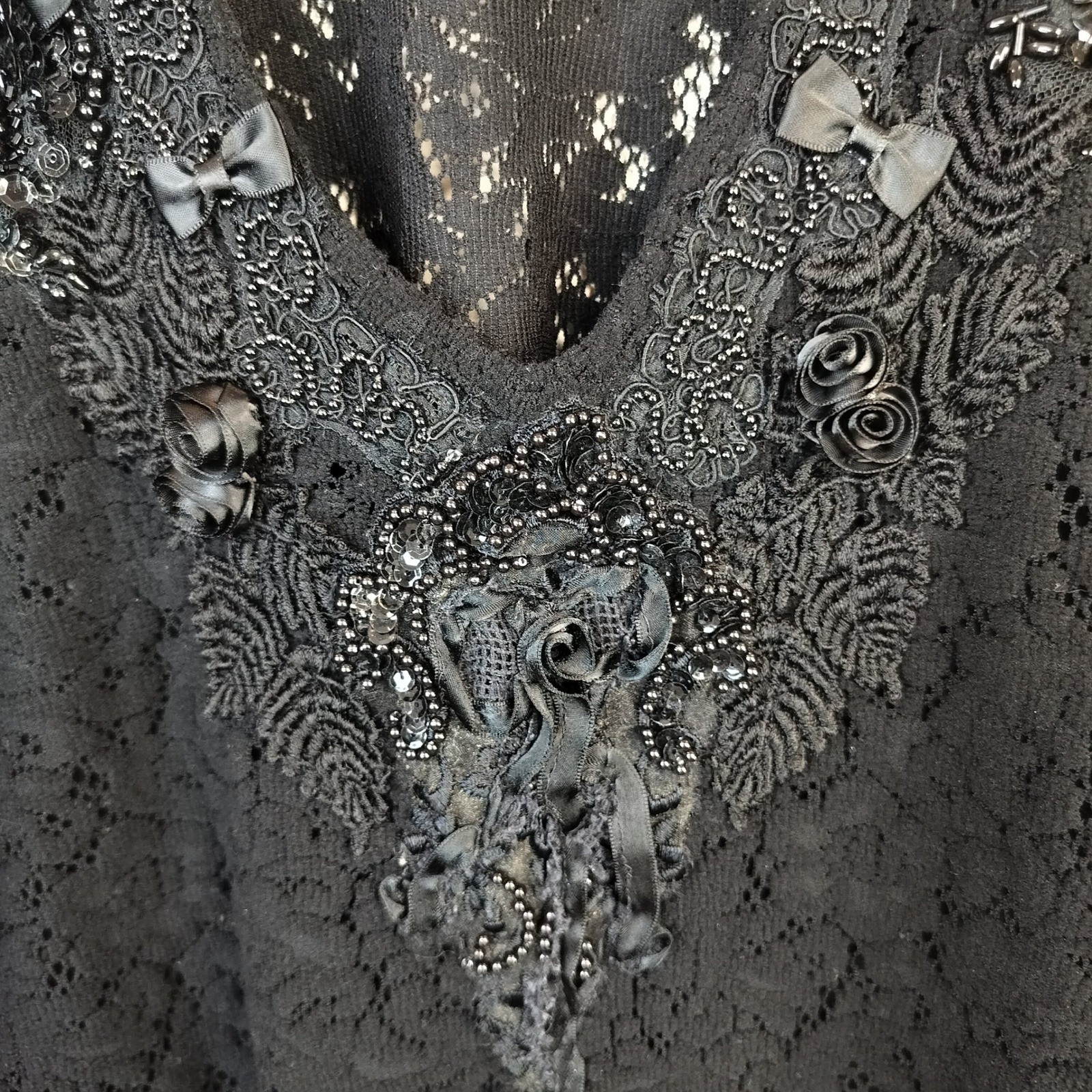 Cache Lace Tunic Top Womens One Size Beaded Sequin Bows Vintage Coquette Black