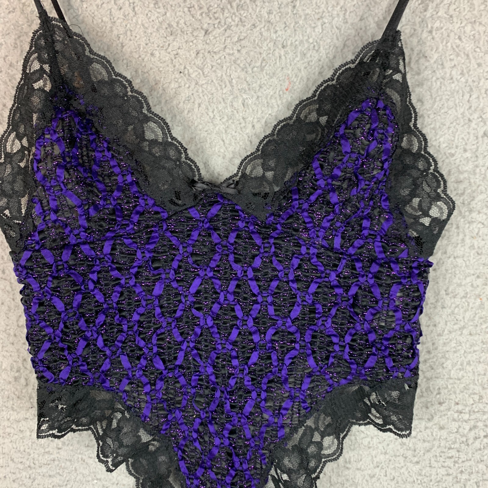 Vtg 60s Bliss Teddy Small Purple Ribbon Woven Black Lace USA Wimsy Goth Lingerie