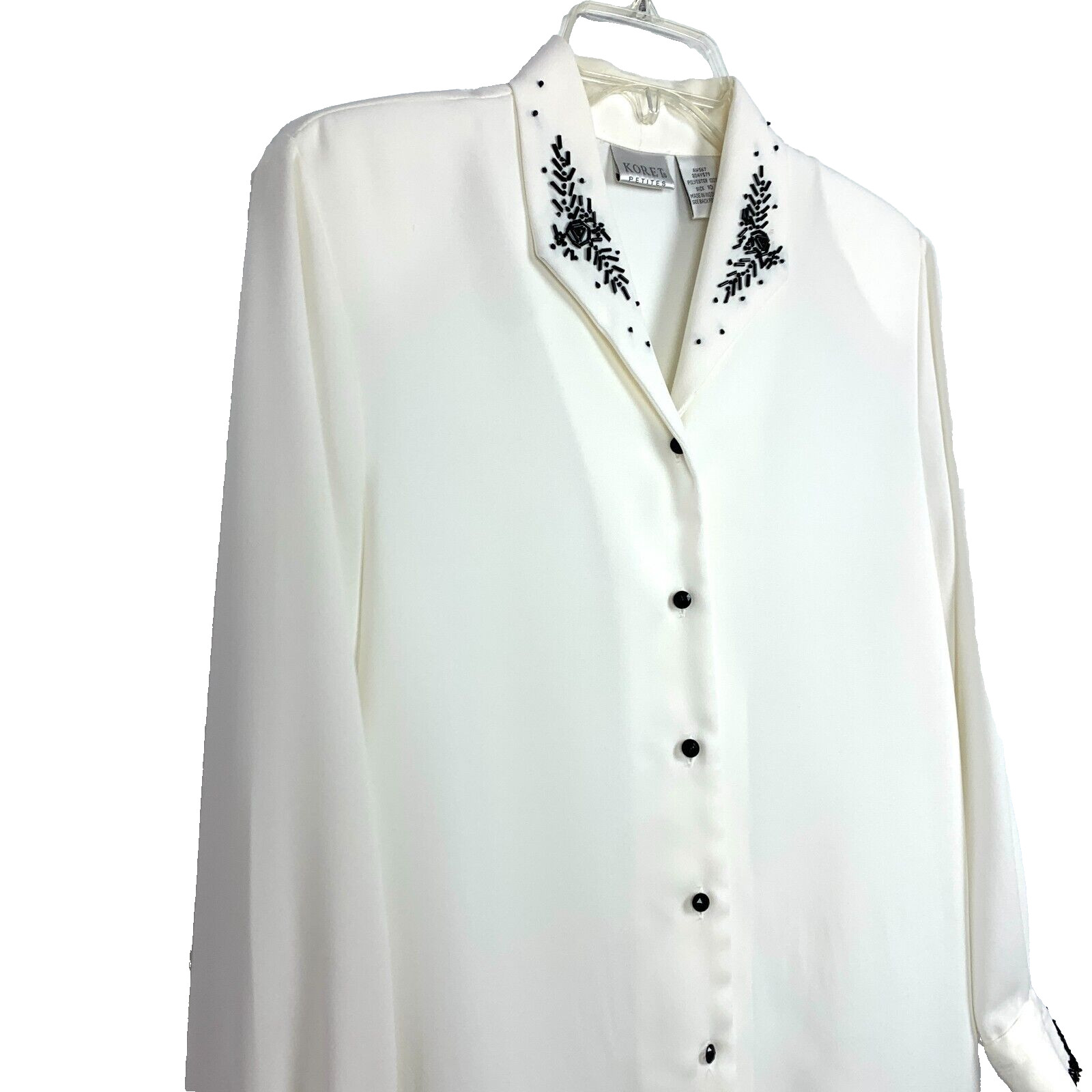Vintage Koret Petites Cream Black Beaded Button Up Dress Shirt Womens 10 Petite