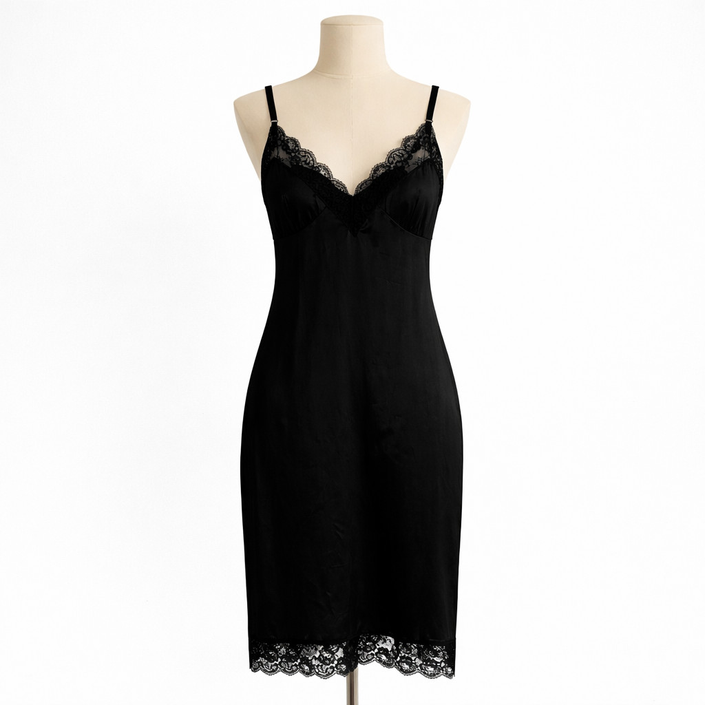 Vintage Sliperfection Slip Dress Size 38 Black Lace Trim Adjustable Straps Sexy*