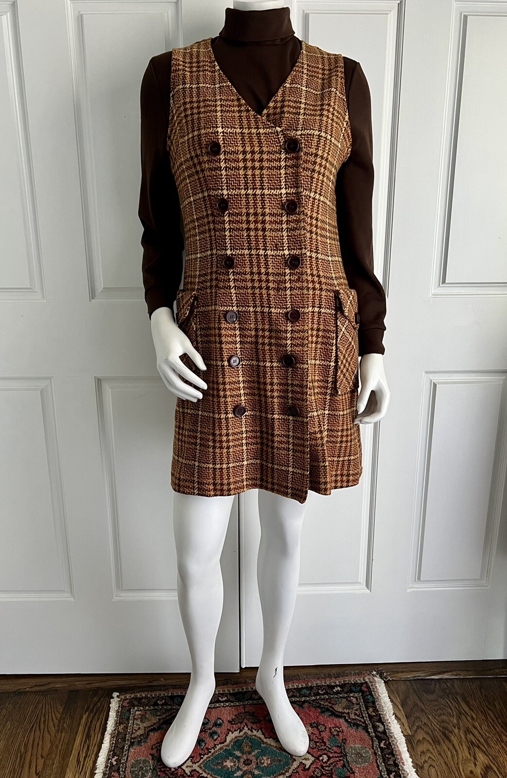 Vintage Mod 1960’s Russ Corner Wool Plaid Mod Jumper Dress Turtleneck Shirt M/L