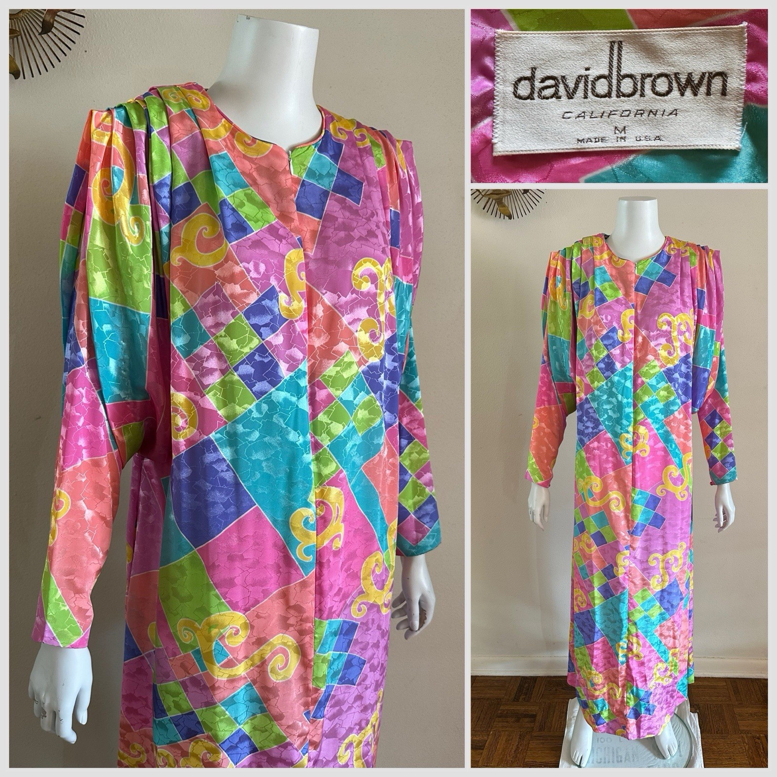 1980s David Brown Brocade Hostess Dress Maxi Resort Geometric Neon Deco Mumu VTG