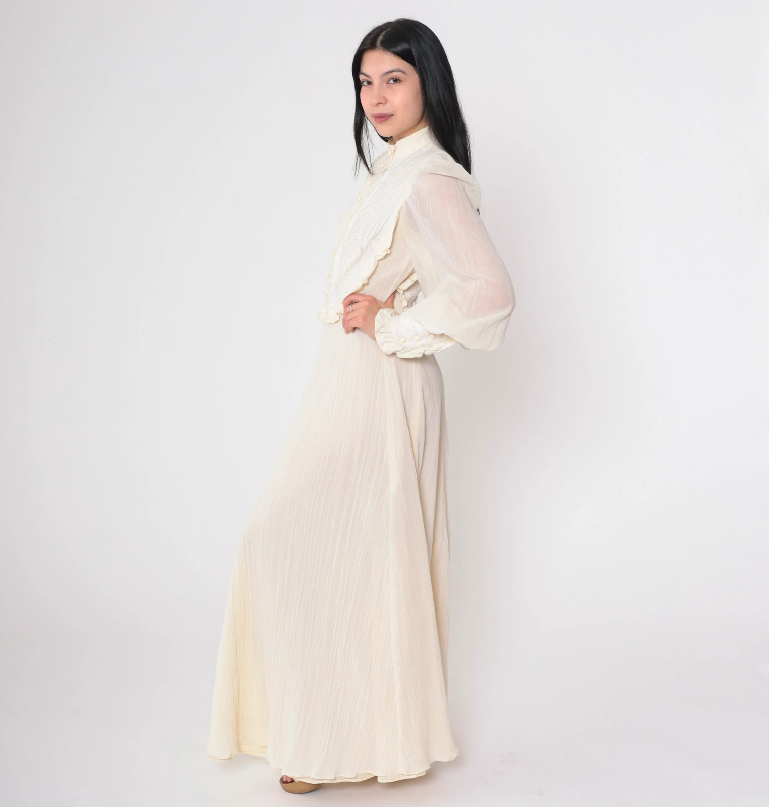 70s Prairie Dress Cream Victorian Maxi Dress Eyelet Lace Bib Puff Sleeve Cottage