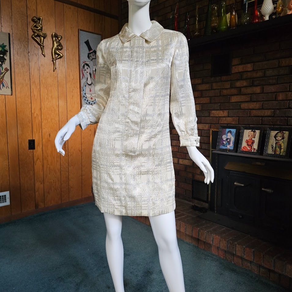 Vtg 60s Mod Silver Space Age Holiday Plaid Metallic Cocktail Mini Go Go Dress S