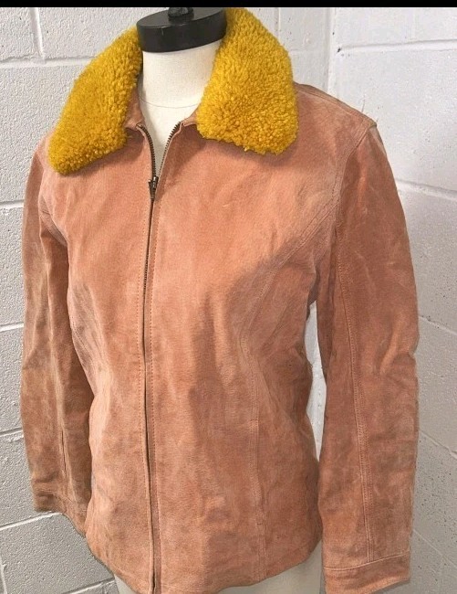 Vintage Woman’s Suede Jacket Pink Orange Faux Sherpa Collar Sz M Retro B2 Style
