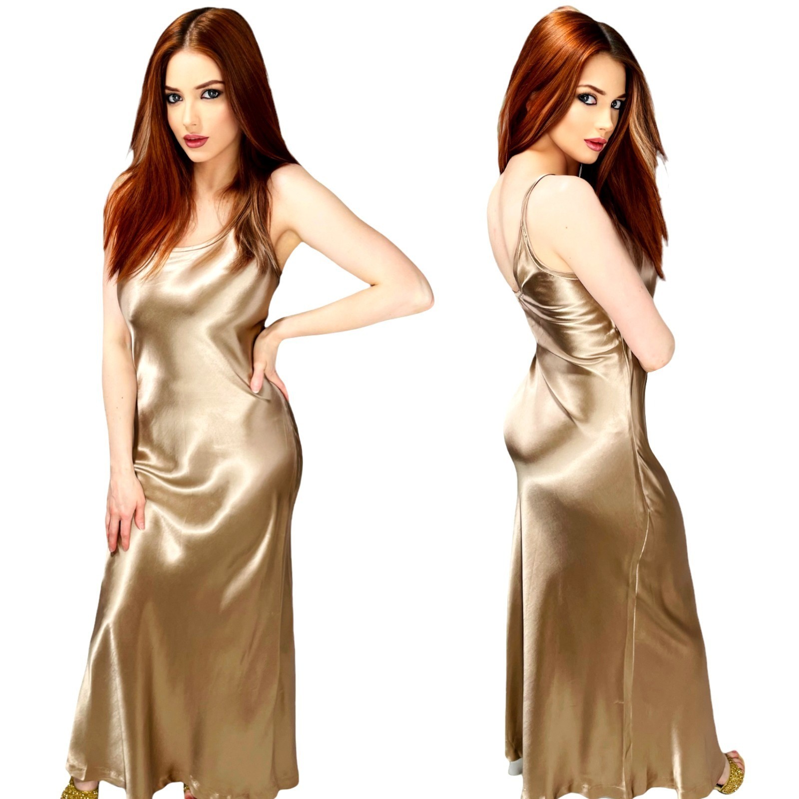 Vintage 90s Alyn Paige USA Made Gold Silky Gown Tagged Vintage Womens Size Small