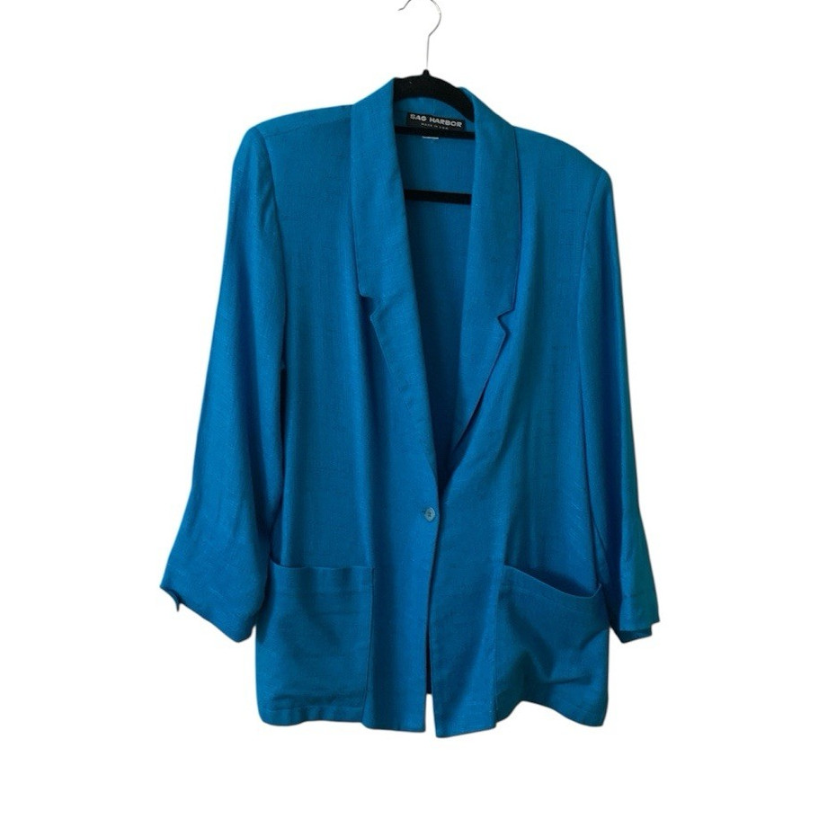 Sag Harbor Blue Rayon Flax Blazer Jacket Size 10 Women’s Vintage Style