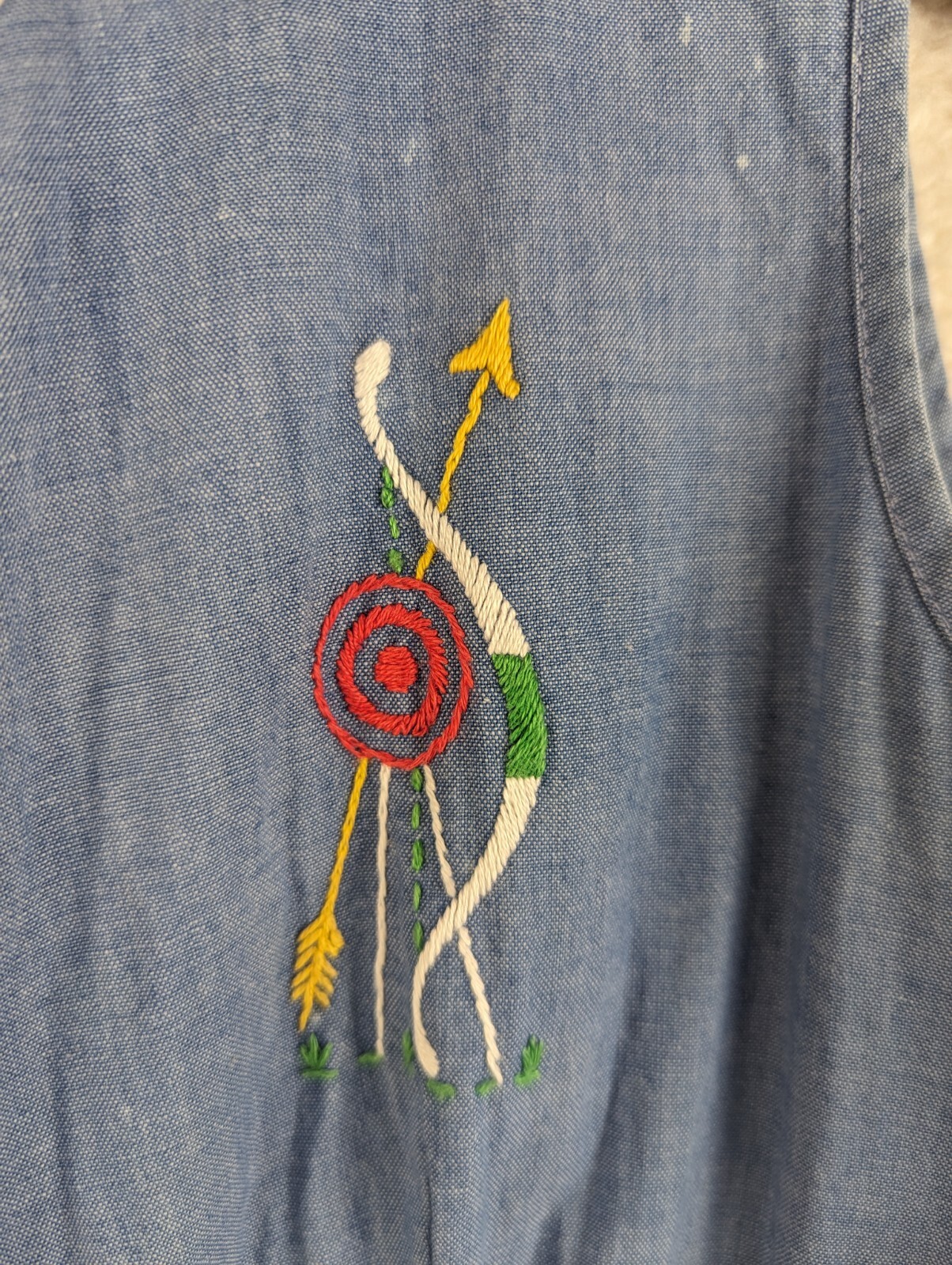Vtg Pat Perkins Romper Dress Archery Embroidered Denim Chambray Look Pockets