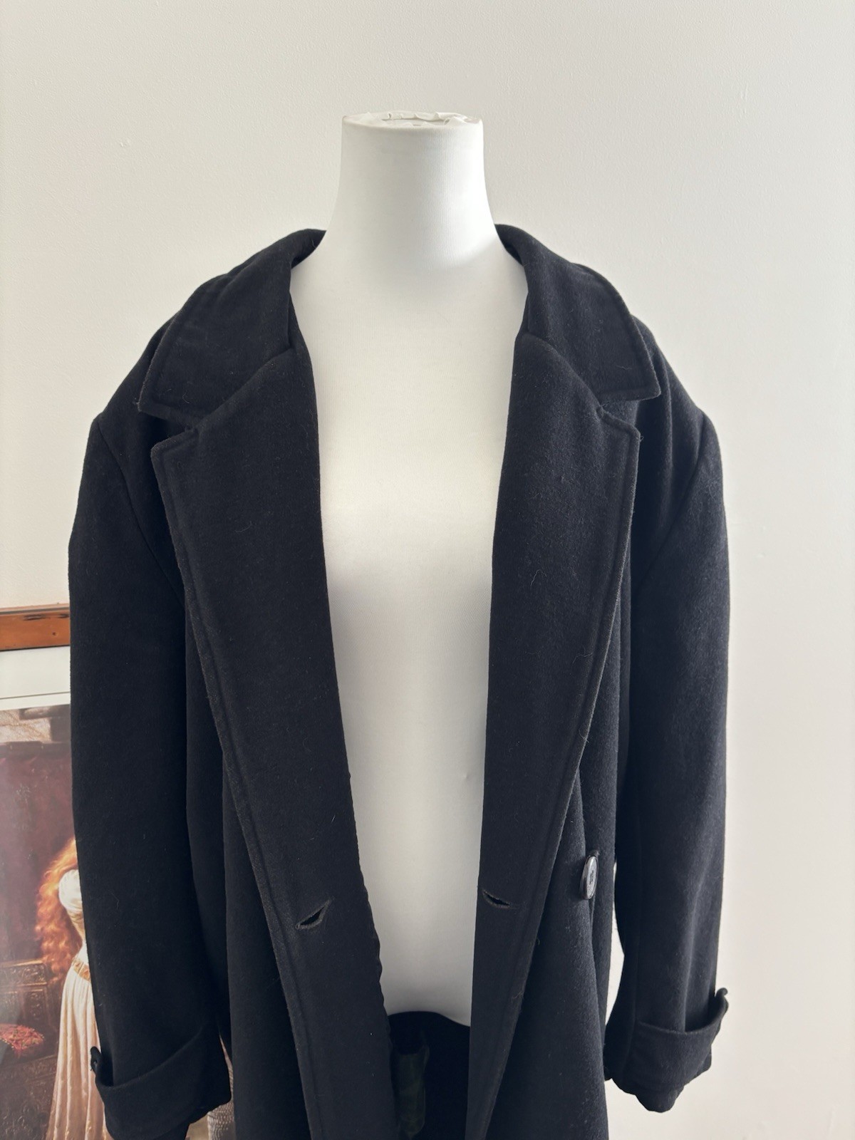 Vintage Riki Nathan Black Wool Cashmere Blend Longline Trench Coat M/L Business