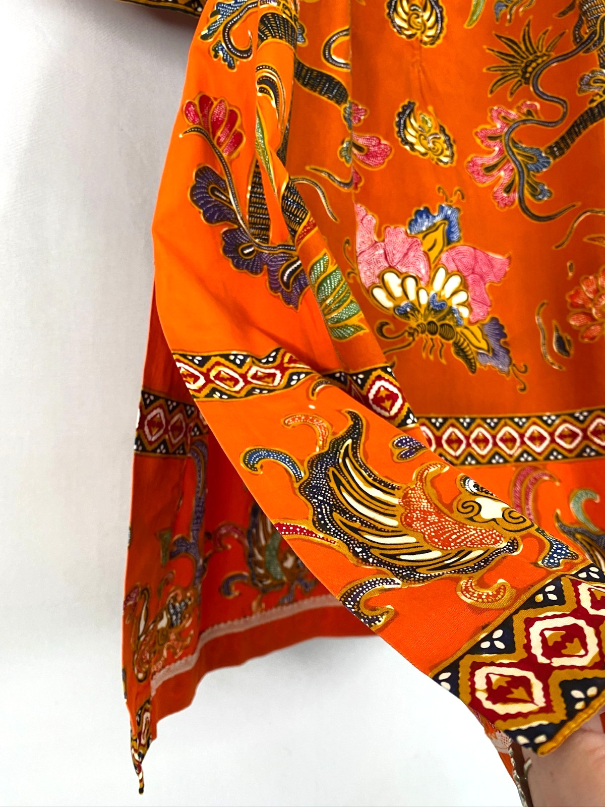 Vintage 1970s orange dress S cotton 1/2 sleeve A line tunic batik boho knee midi