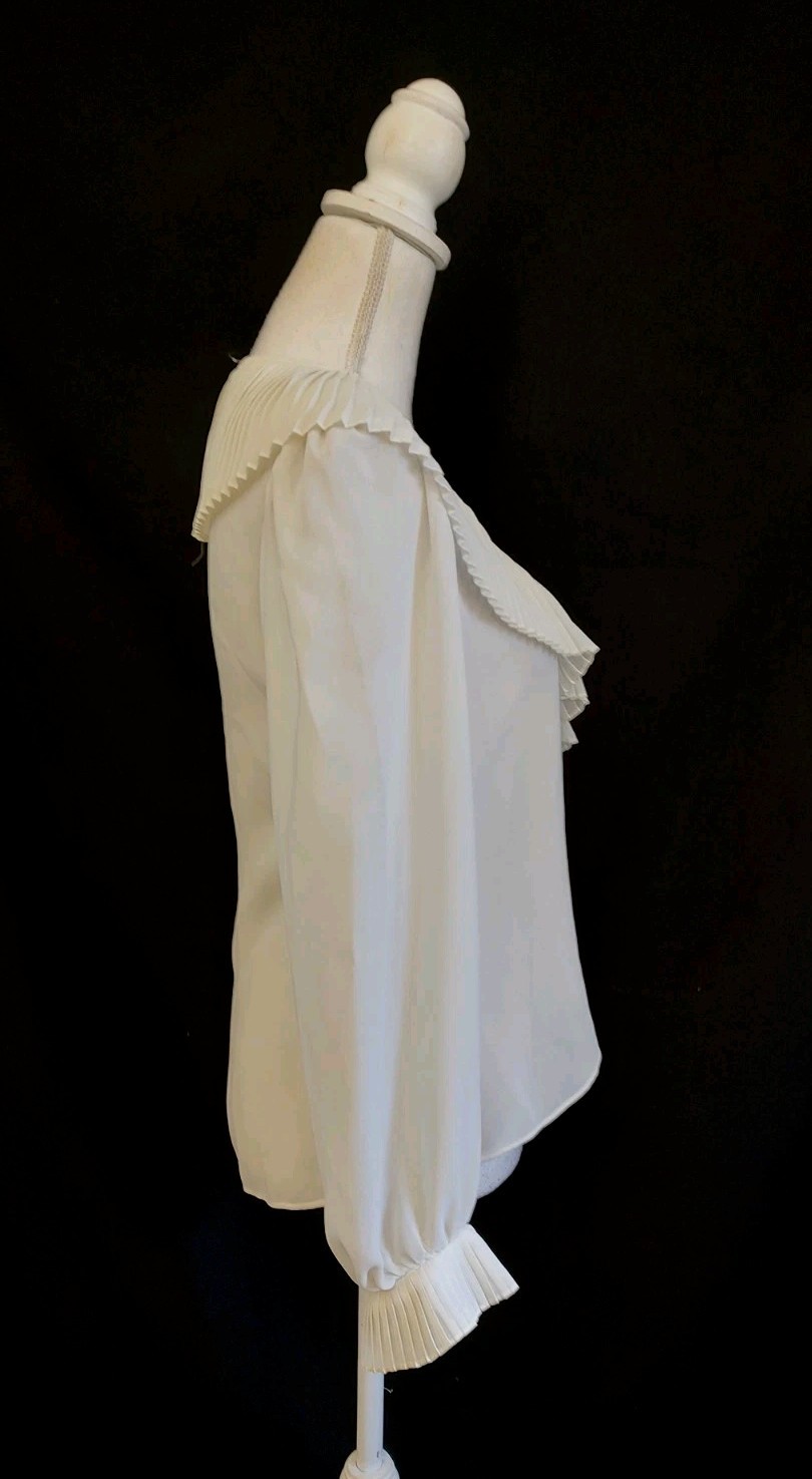 Vintage 70’s B Altman Top Wrap Blouse Sheer White Crepe Pleat Ruffle Poet Sz L