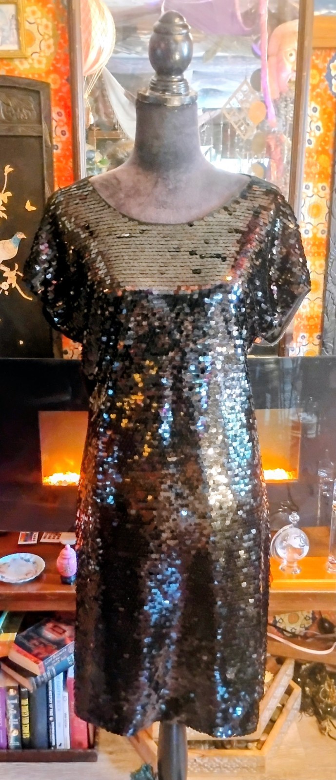 OSNT Rocker Star Alfani Sequined Festival Noir Shift Soft Flowing Belt Dress L
