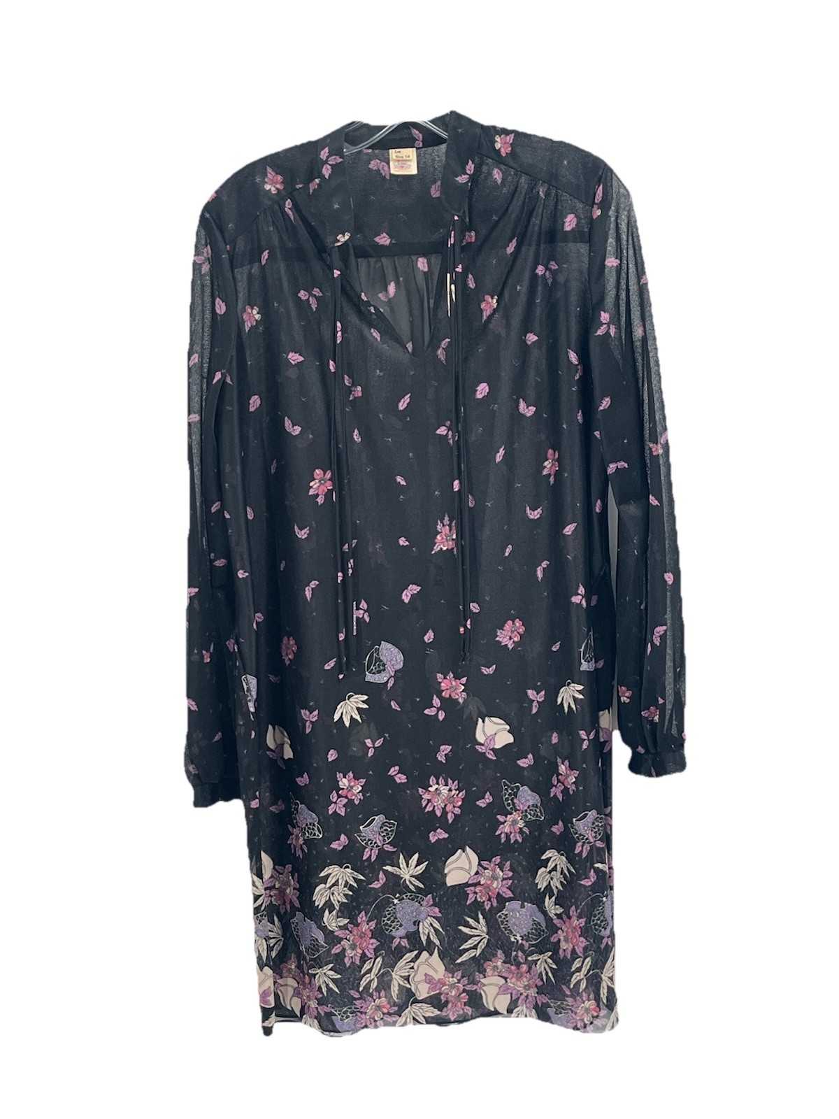 Vtg Sheer Black Floral Dress Sz 14 USA Made Purple Pink Print Praire Grunge