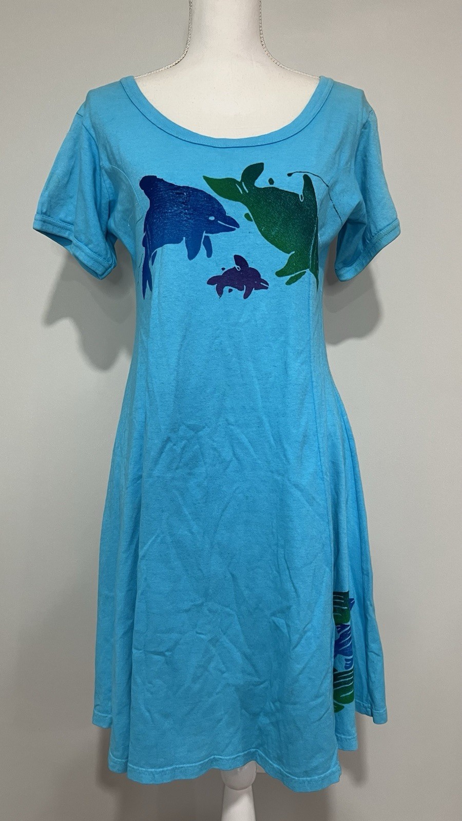 Rare Vintage 1980s Banana Boat Turquoise Dolphin and Fish Block Print Dress