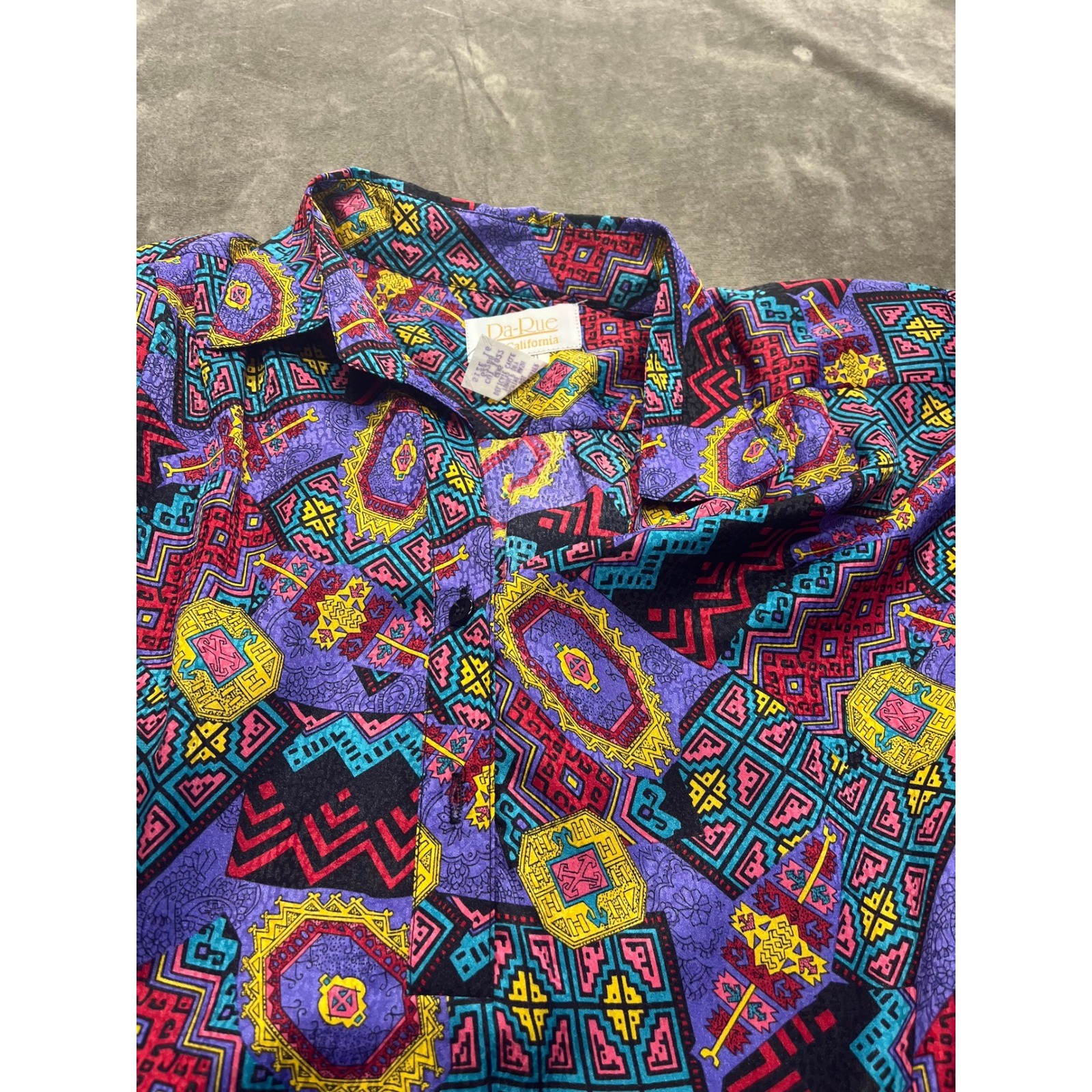 Vintage Da-Rue of California Geometric Print Blouse Purple Pink Yellow Size 16