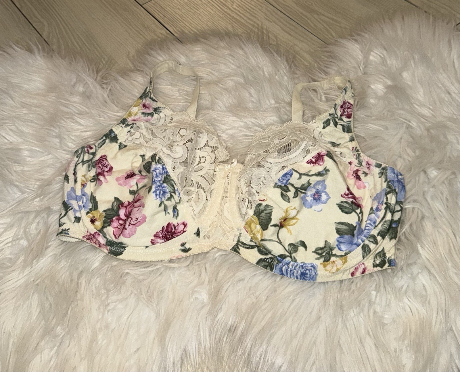 Vintage Vtg Vanity Fair 75-455 Cotton Lace Underwire Bra Floral Womens 40C Ivory